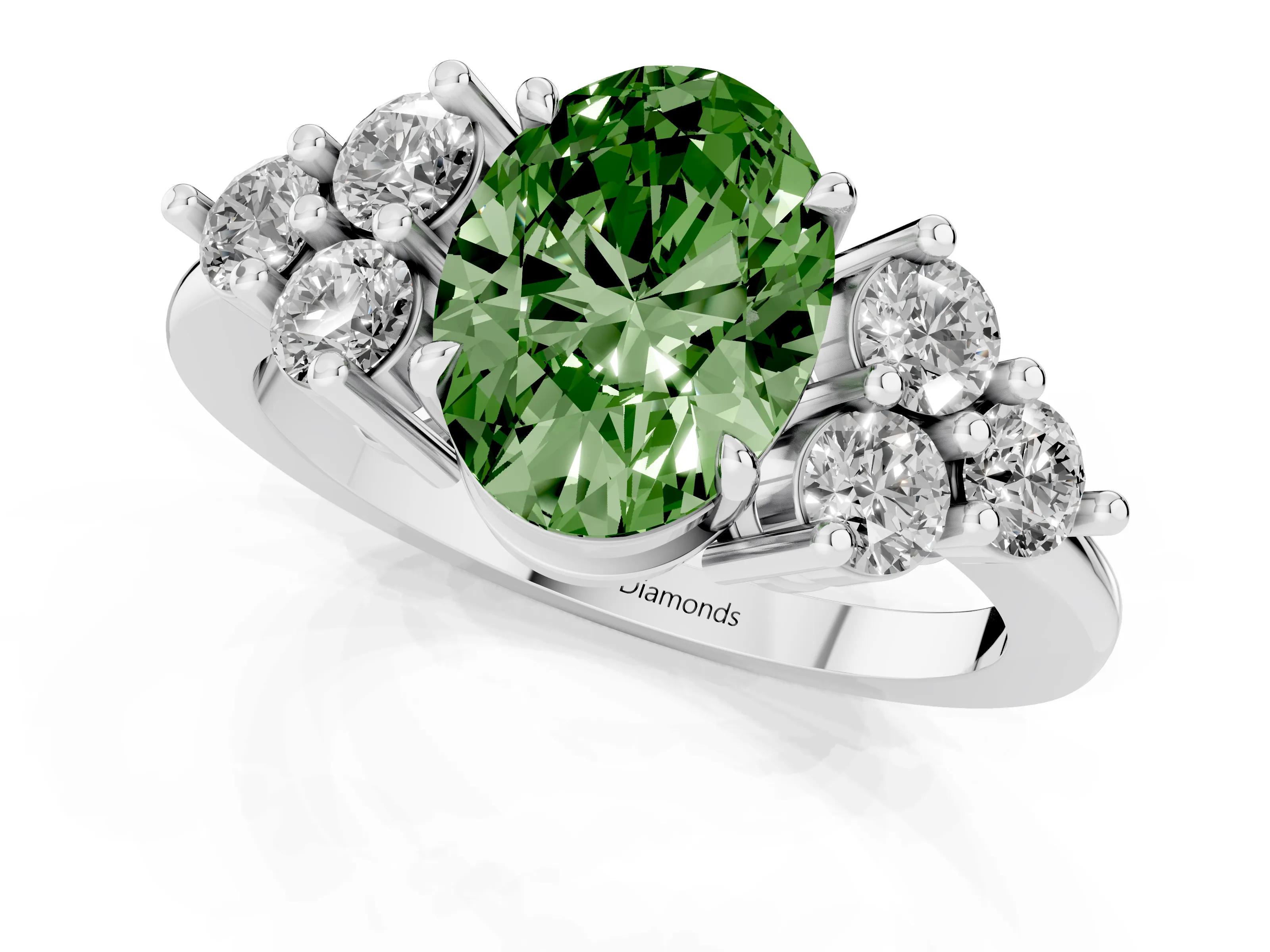 Fancy Green Oval Cut Diamond Solitaire Ring Set in Silver with Cluster Accents on Each Side