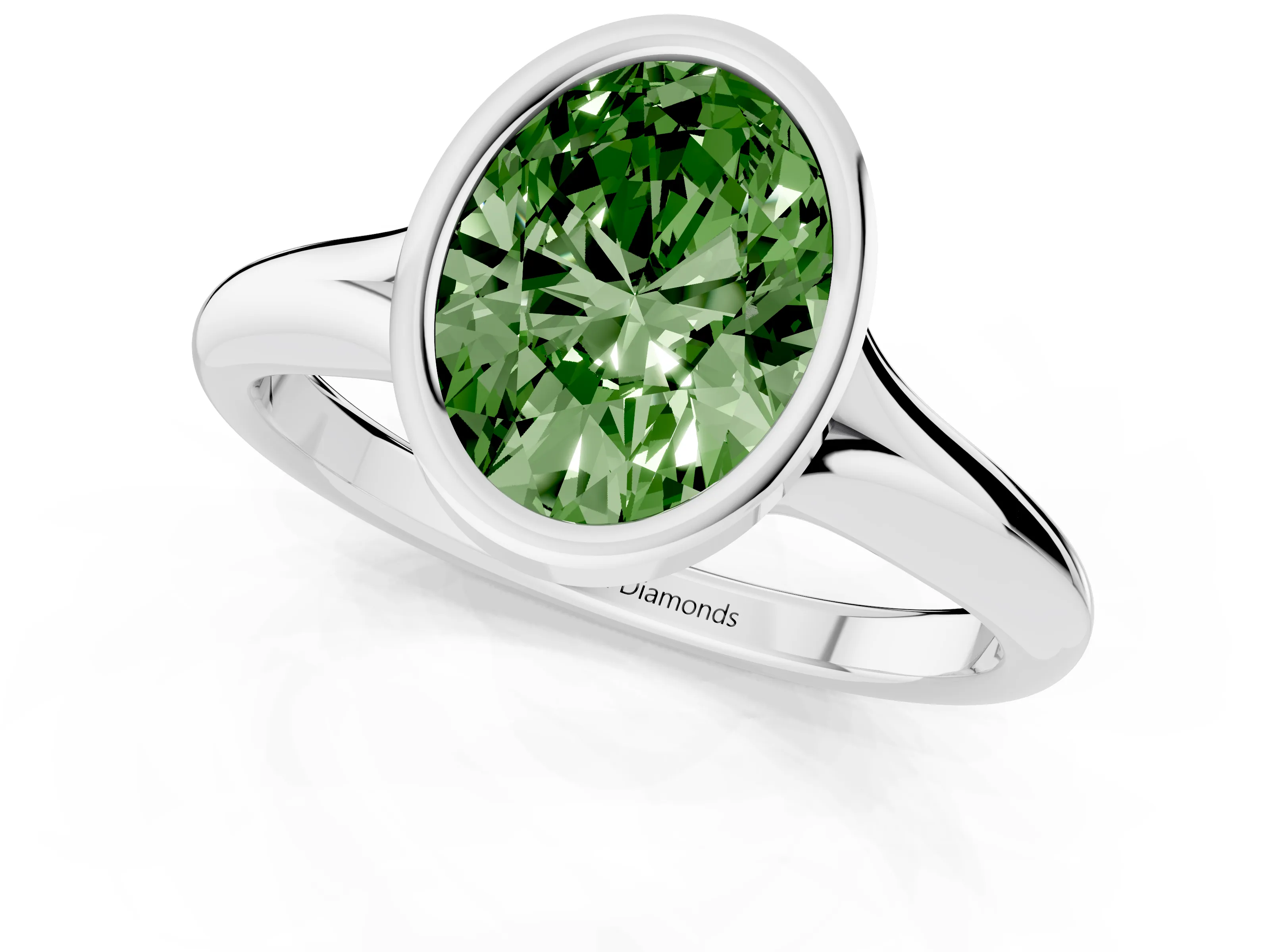 Fancy Green Bezel Set Oval Cut Diamond Solitaire Ring Set in Platinum with Smooth Band