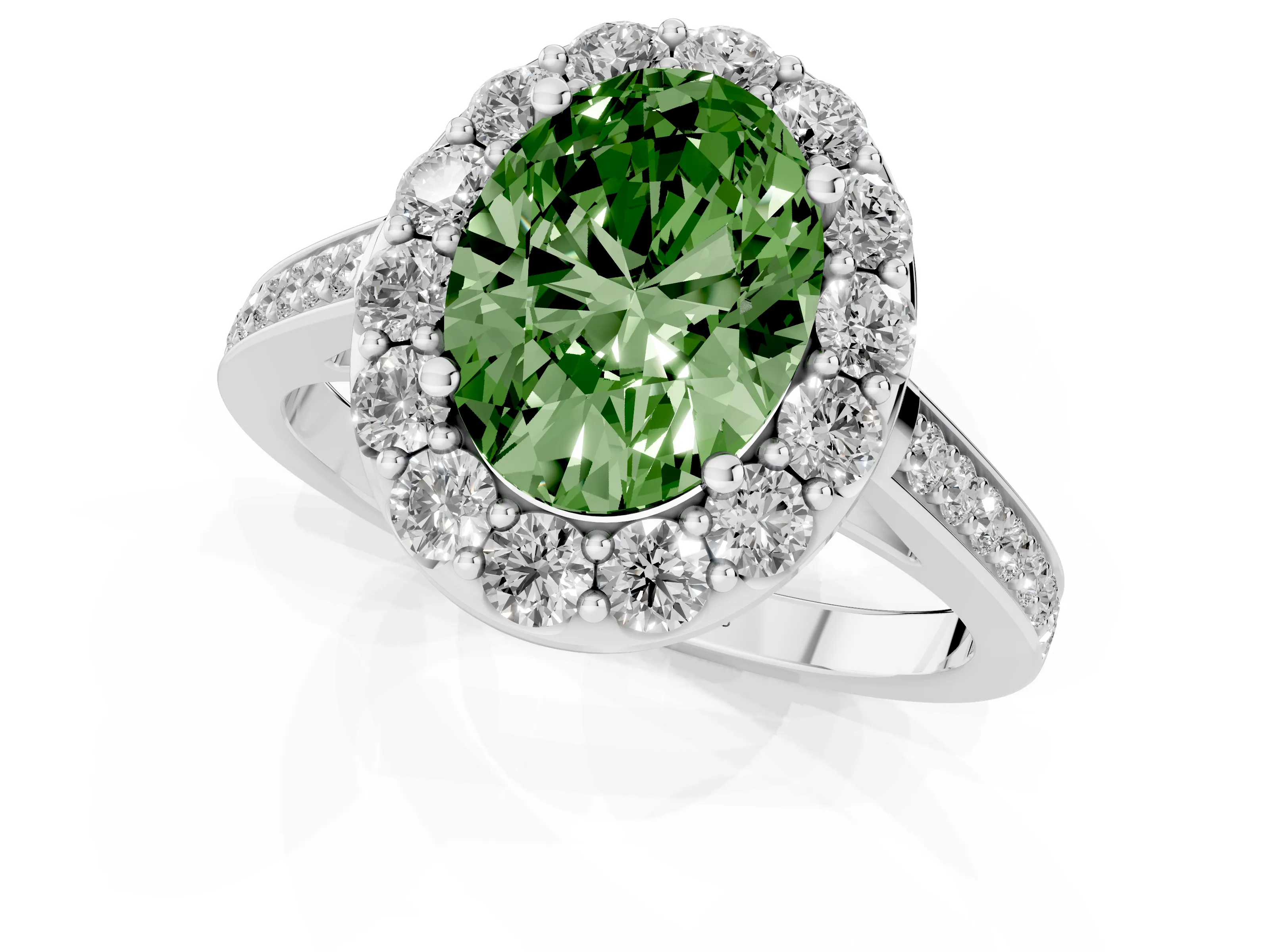 Fancy Green Oval Cut Diamond Floral Halo Ring Set in White gold with Pavé Band and Prong Setting
