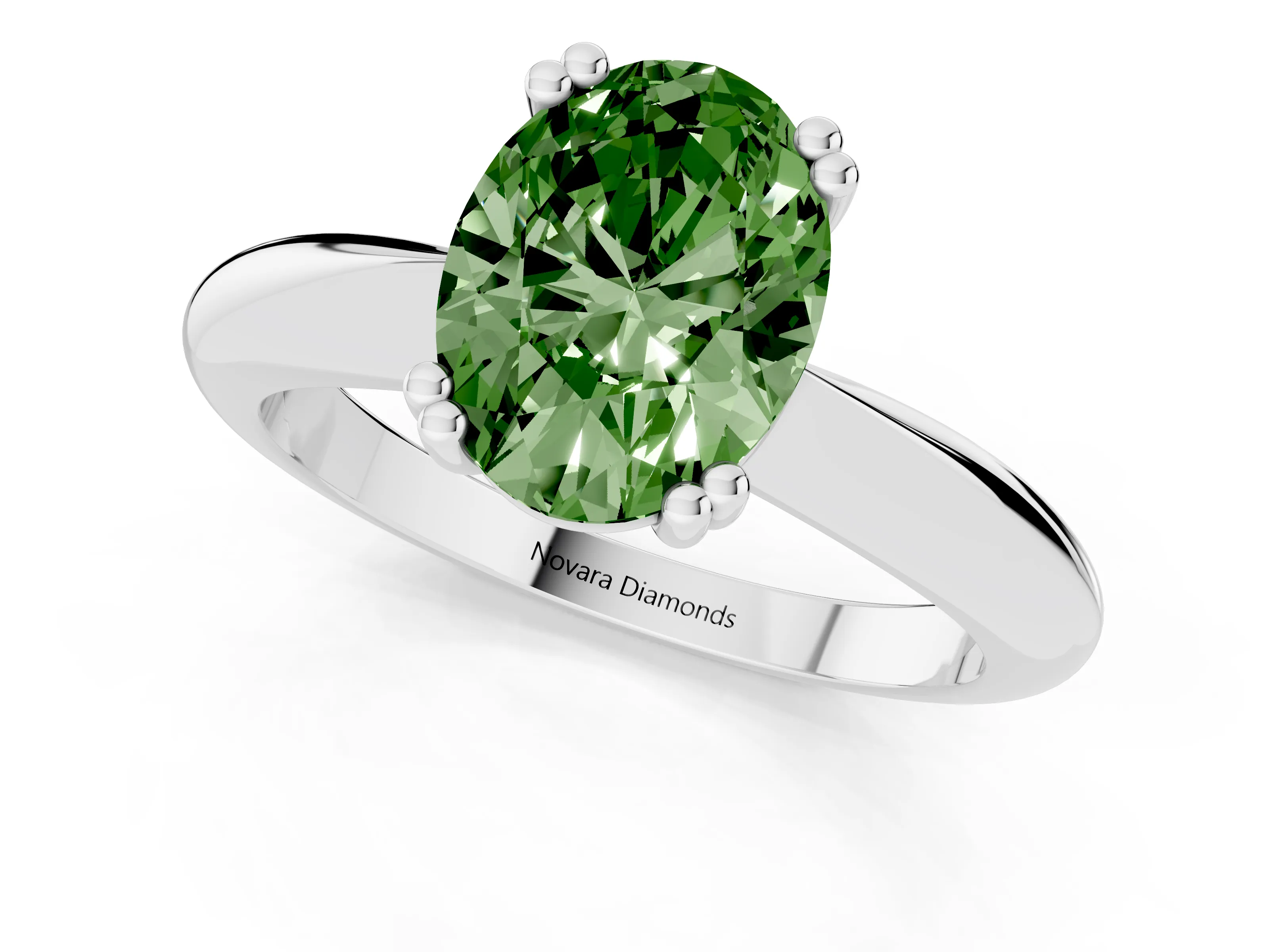 Fancy Green Oval Cut Diamond Solitaire Engagement Ring Set in Platinum with Tapered Band and Prong Setting