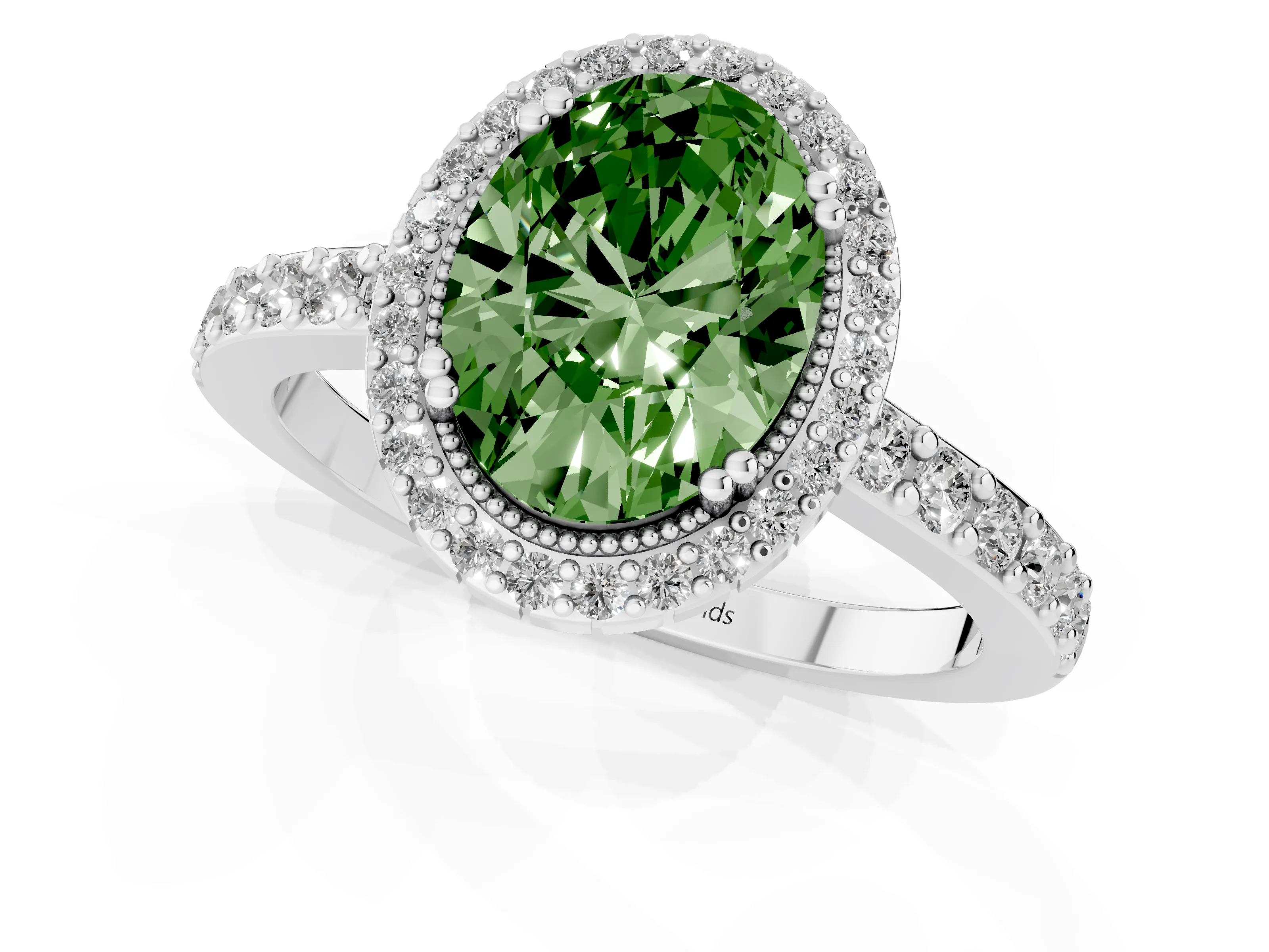 Fancy Green Oval Cut Diamond Halo Engagement Ring Set in Platinum with Milgrain Detail and Pavé Band