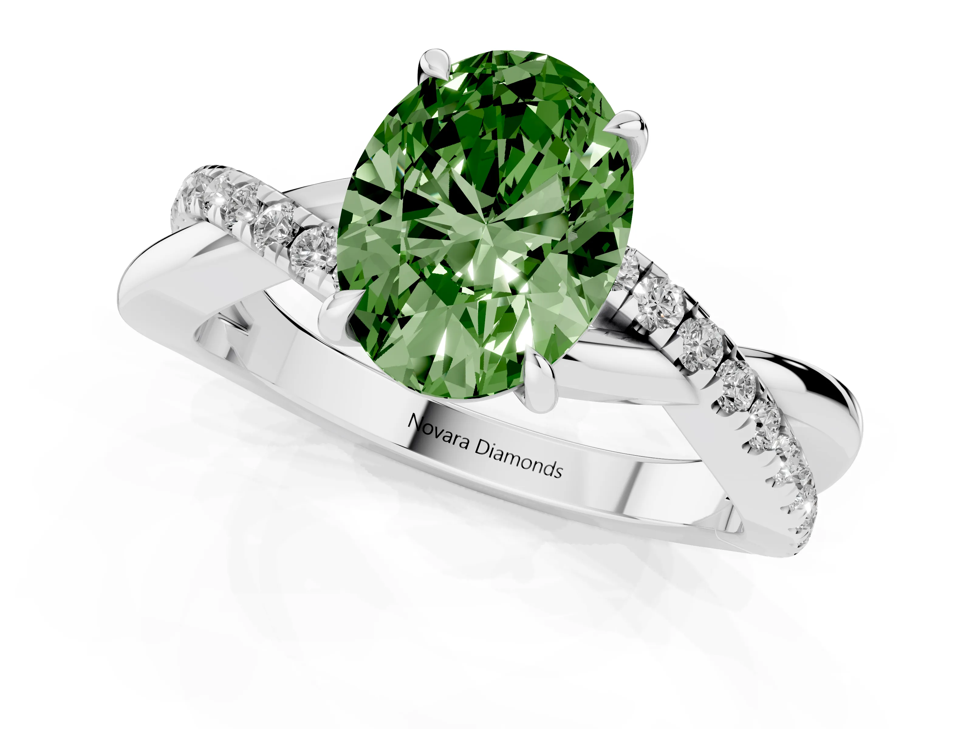 Fancy Green Oval Cut Diamond Twisted Pavé Band Ring Set in Silver with Prong Setting
