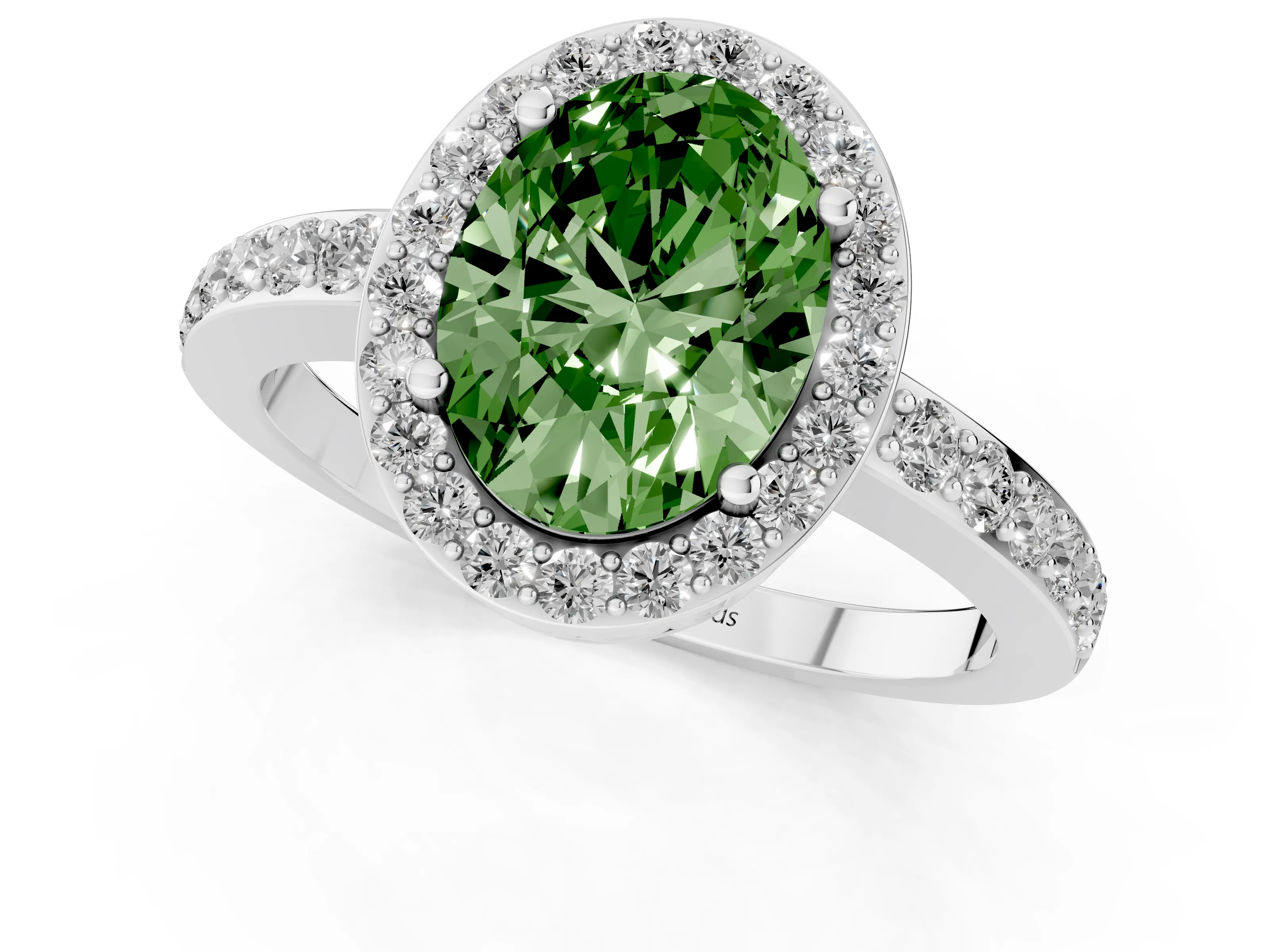 Fancy Green Oval Cut Diamond Halo Ring Set in Platinum with Pavé-Setting Band and Open Prong Center – second view