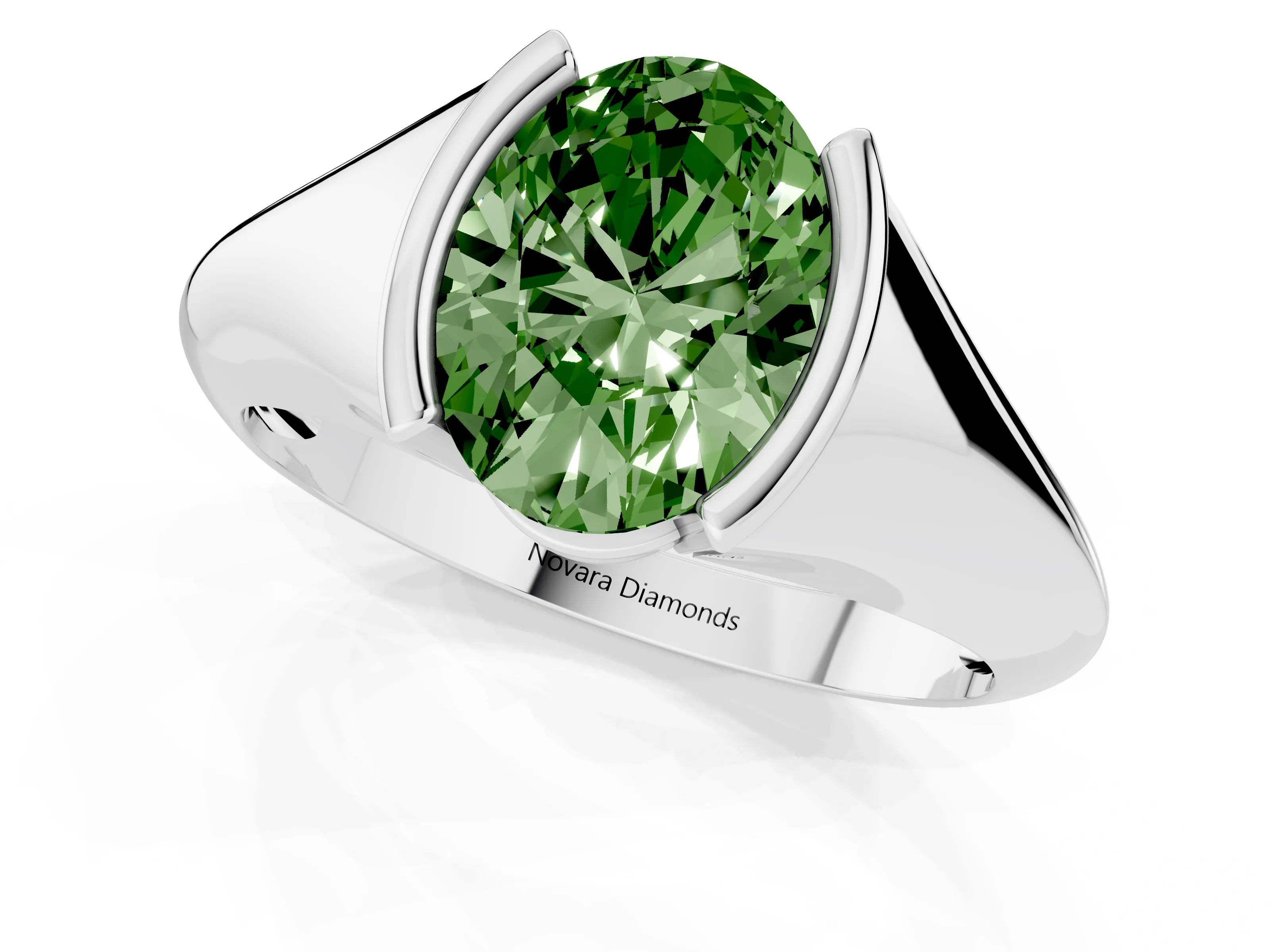 Fancy Green Oval Cut Diamond Solitaire Tension Set Ring Set in Silver