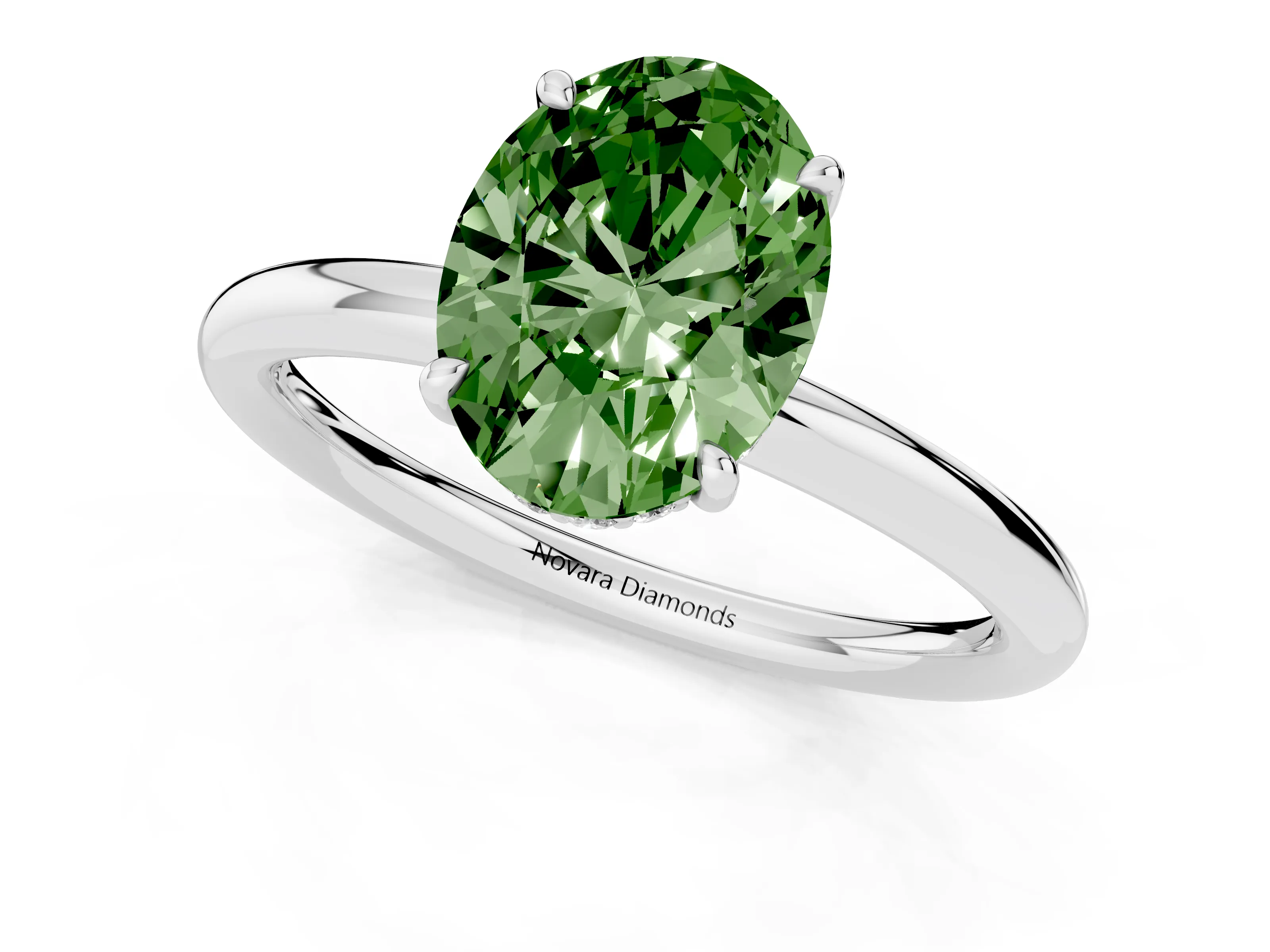 Fancy Green Oval Cut Diamond Solitaire Ring Set in Platinum with Thin Band and Prong Setting