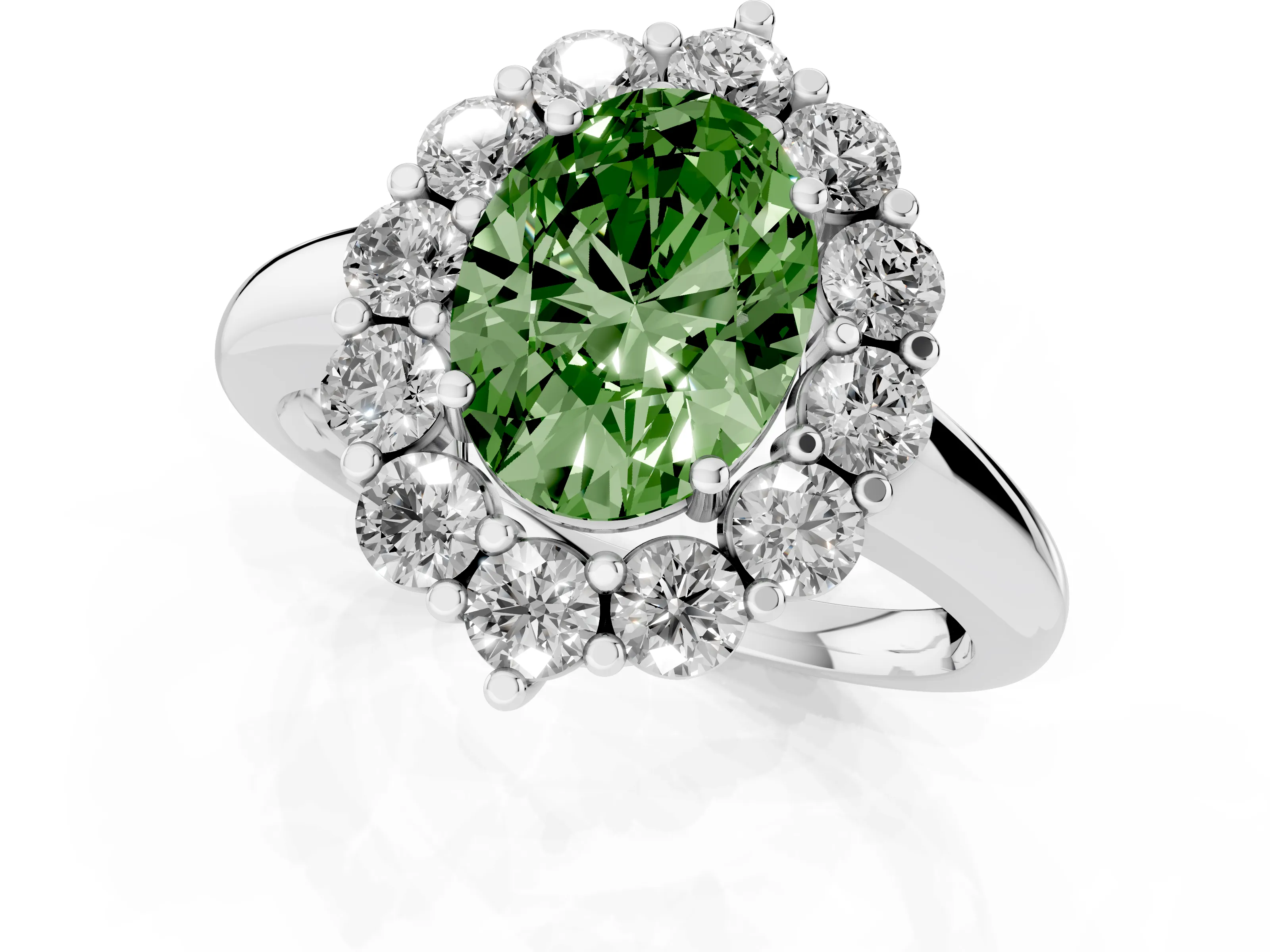 Fancy Green Oval Cut Diamond Halo Cluster Engagement Ring Set in Silver with Polished Band and Prong Setting