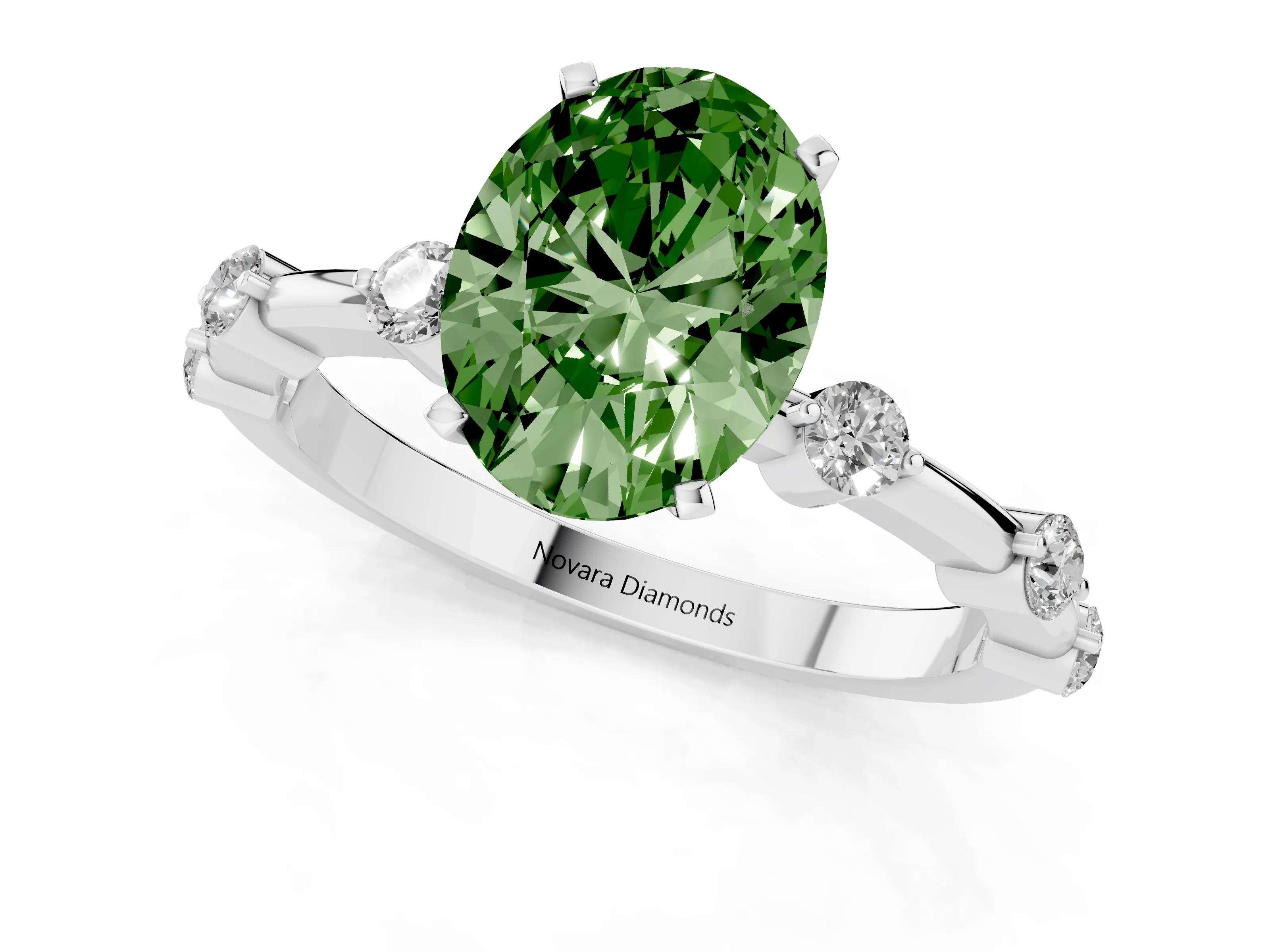 Fancy Green Oval Cut Diamond Solitaire Ring Set in Silver with Bezel Set Side Stones and Prong Setting