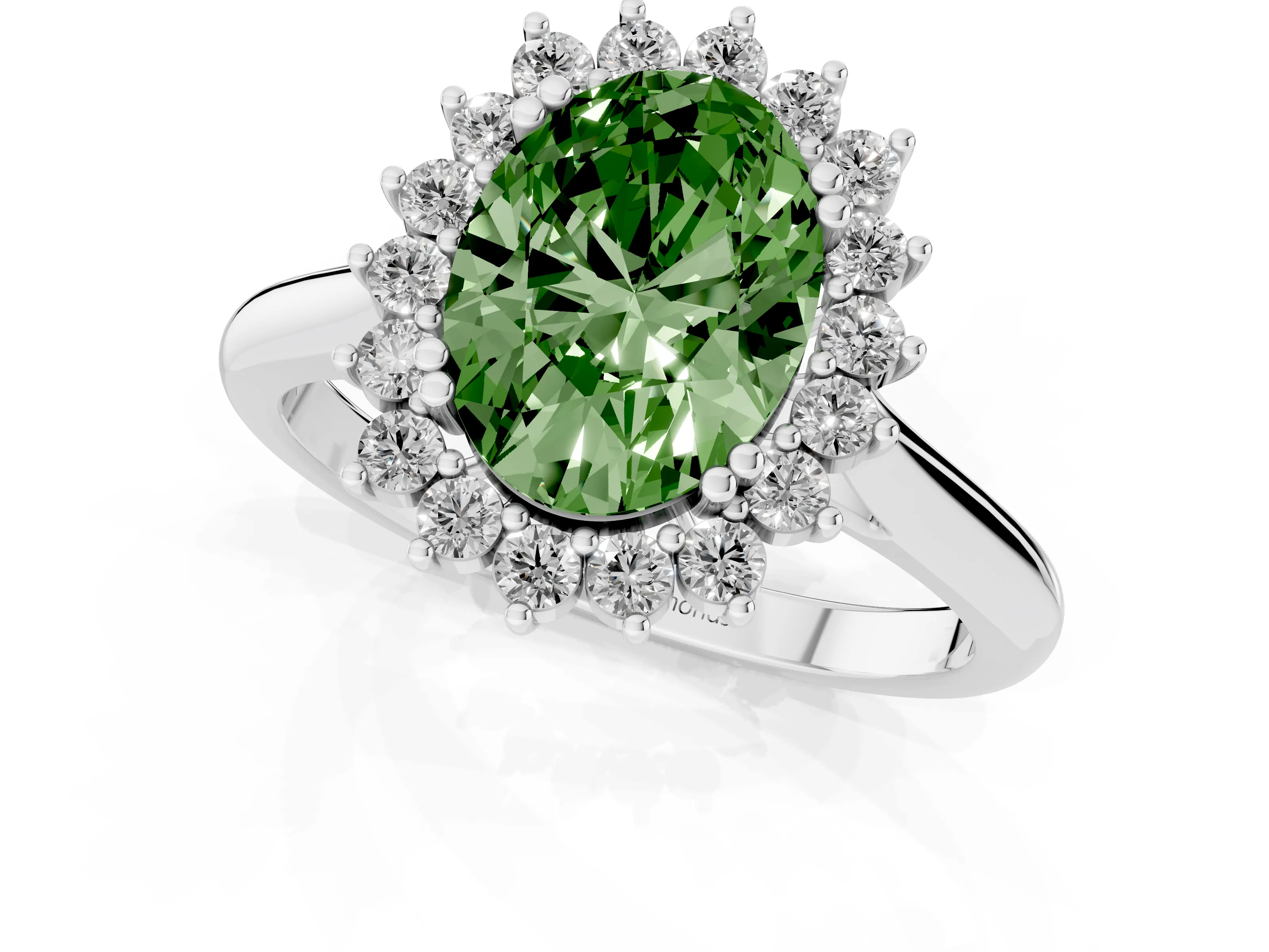 Fancy Green Oval Cut Diamond Halo Ring Set in Silver with Plain Solitaire Band and Prong Setting