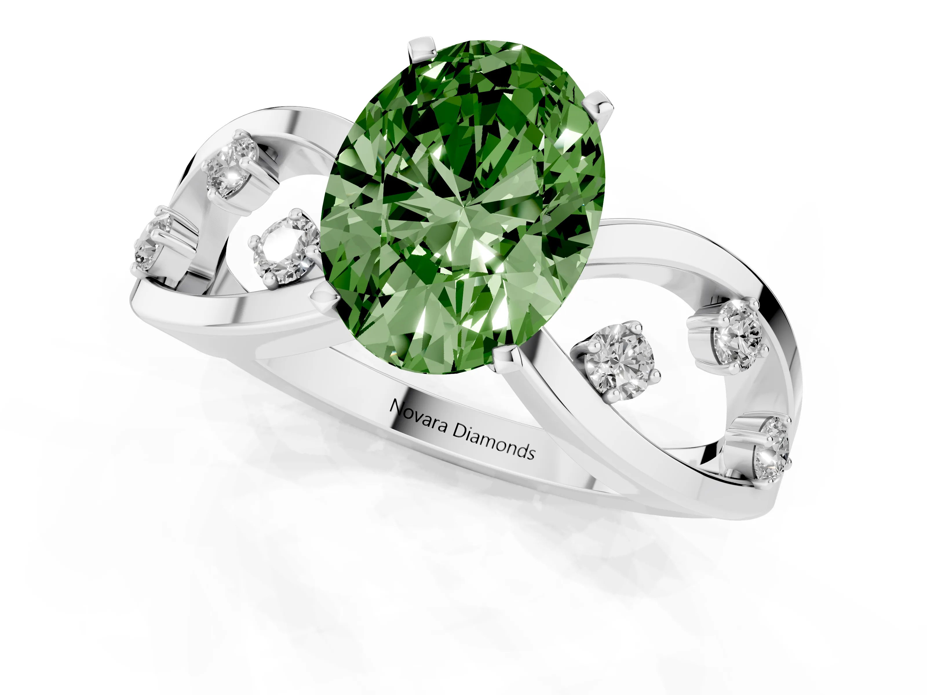 Fancy Green Oval Cut Diamond Solitaire Ring Set in Silver with Side Stones on Criss-Cross Band and Prong Setting