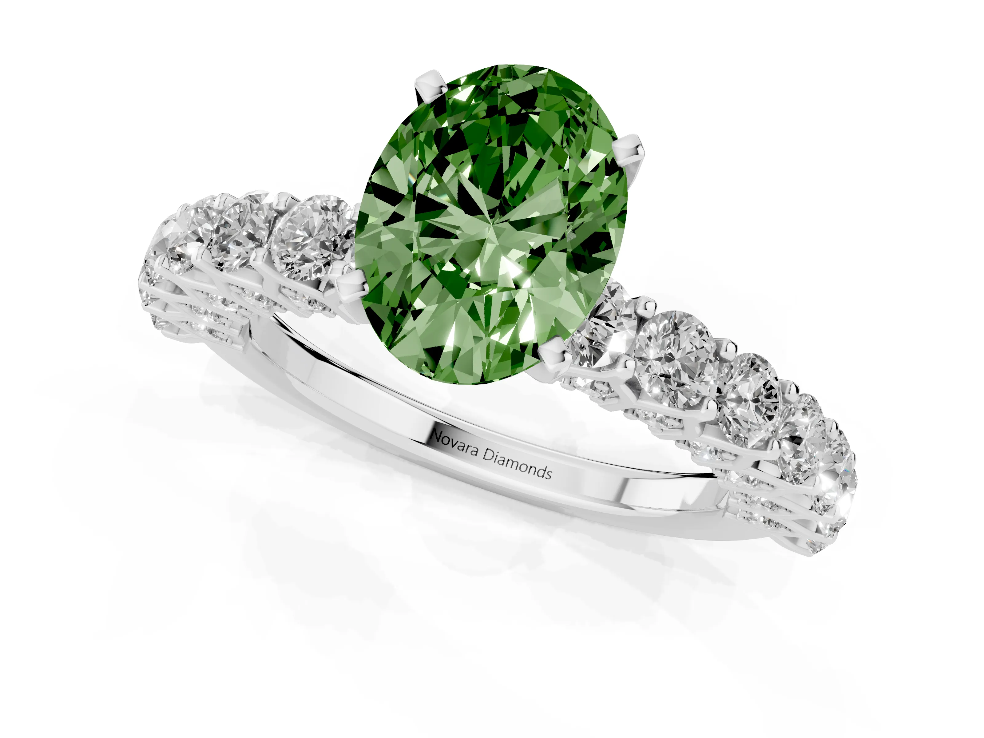 Fancy Green Oval Cut Diamond Solitaire Ring Set in Silver with Shared Prong Pavé Band