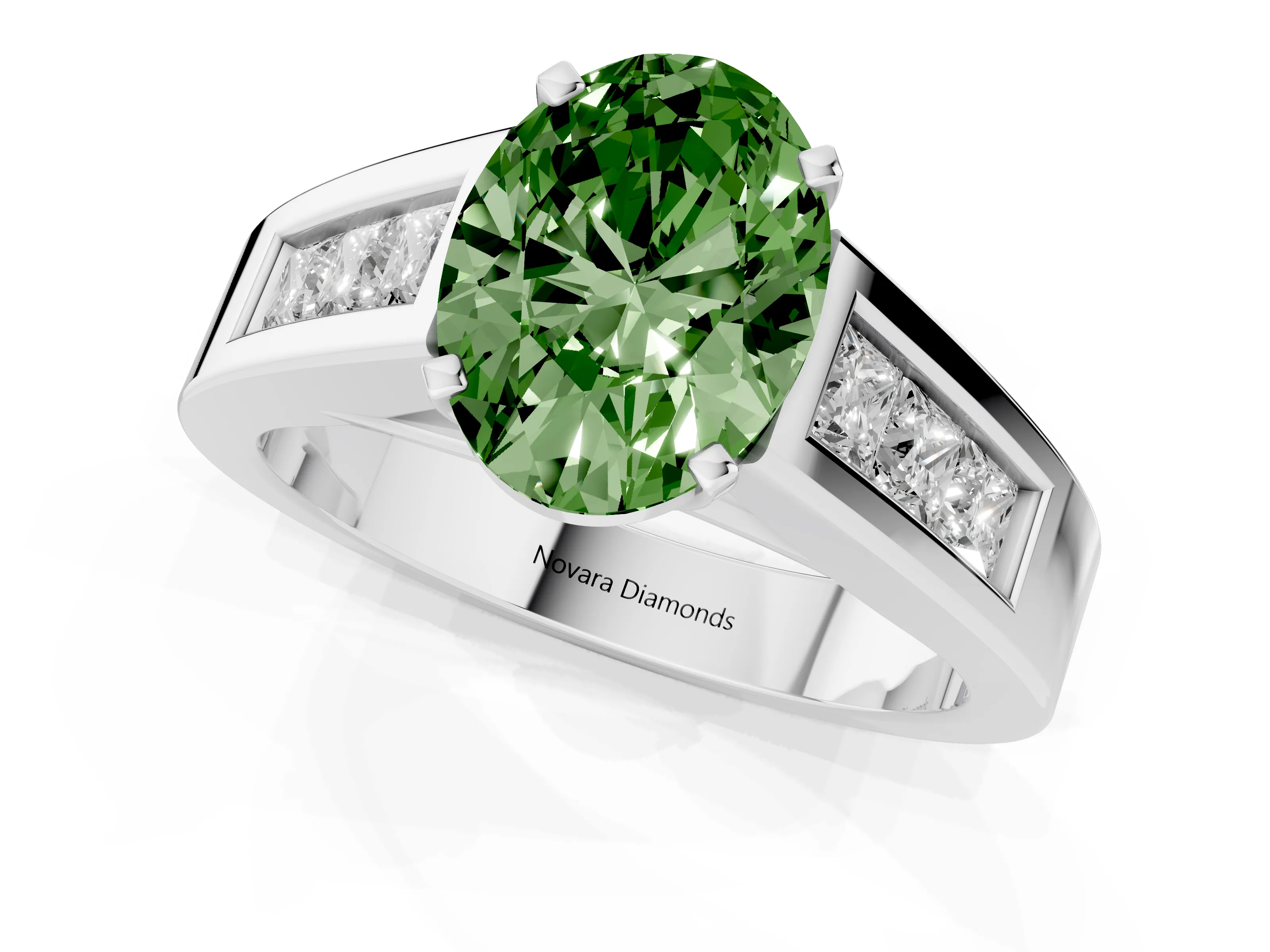Fancy Green Oval Cut Diamond Solitaire Ring Set in Silver with Channel-Set Accent Stones and Prong Setting