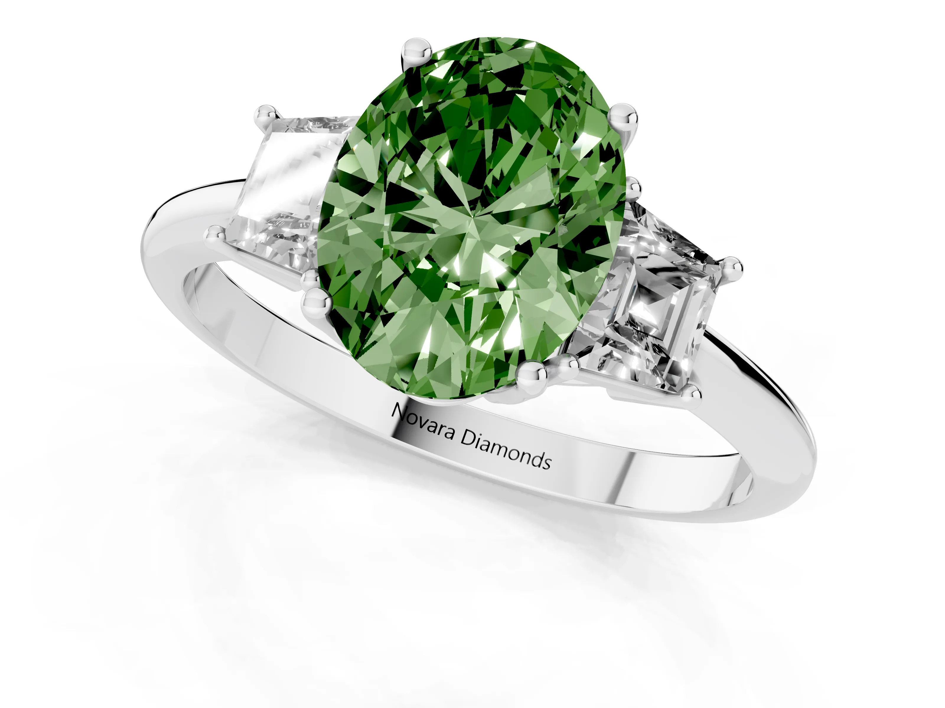 Fancy Green Oval Cut Diamond Three-Stone Ring Set in White gold with Trapezoid Side Stones and Prong Setting