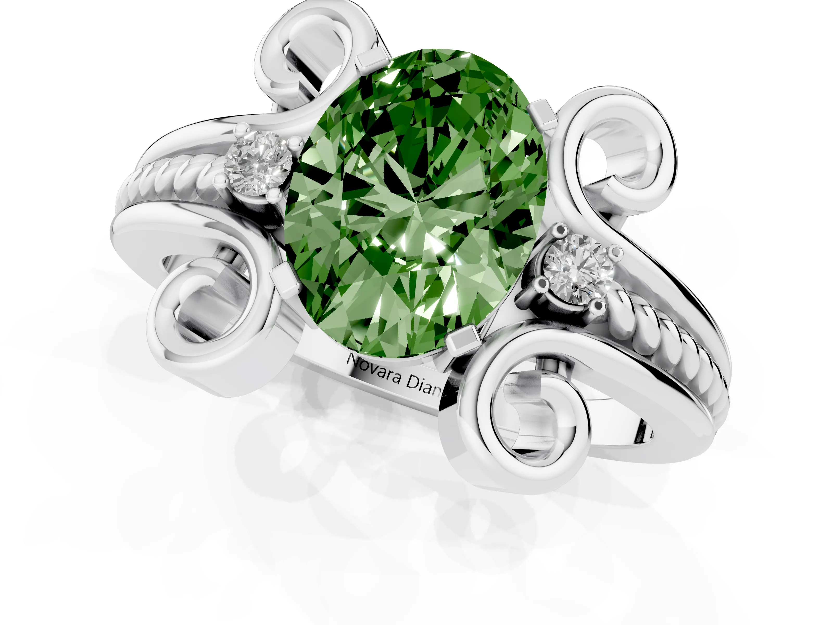 Fancy Green Oval Cut Diamond Twisted Band Solitaire Ring Set in Platinum with Scroll Prongs