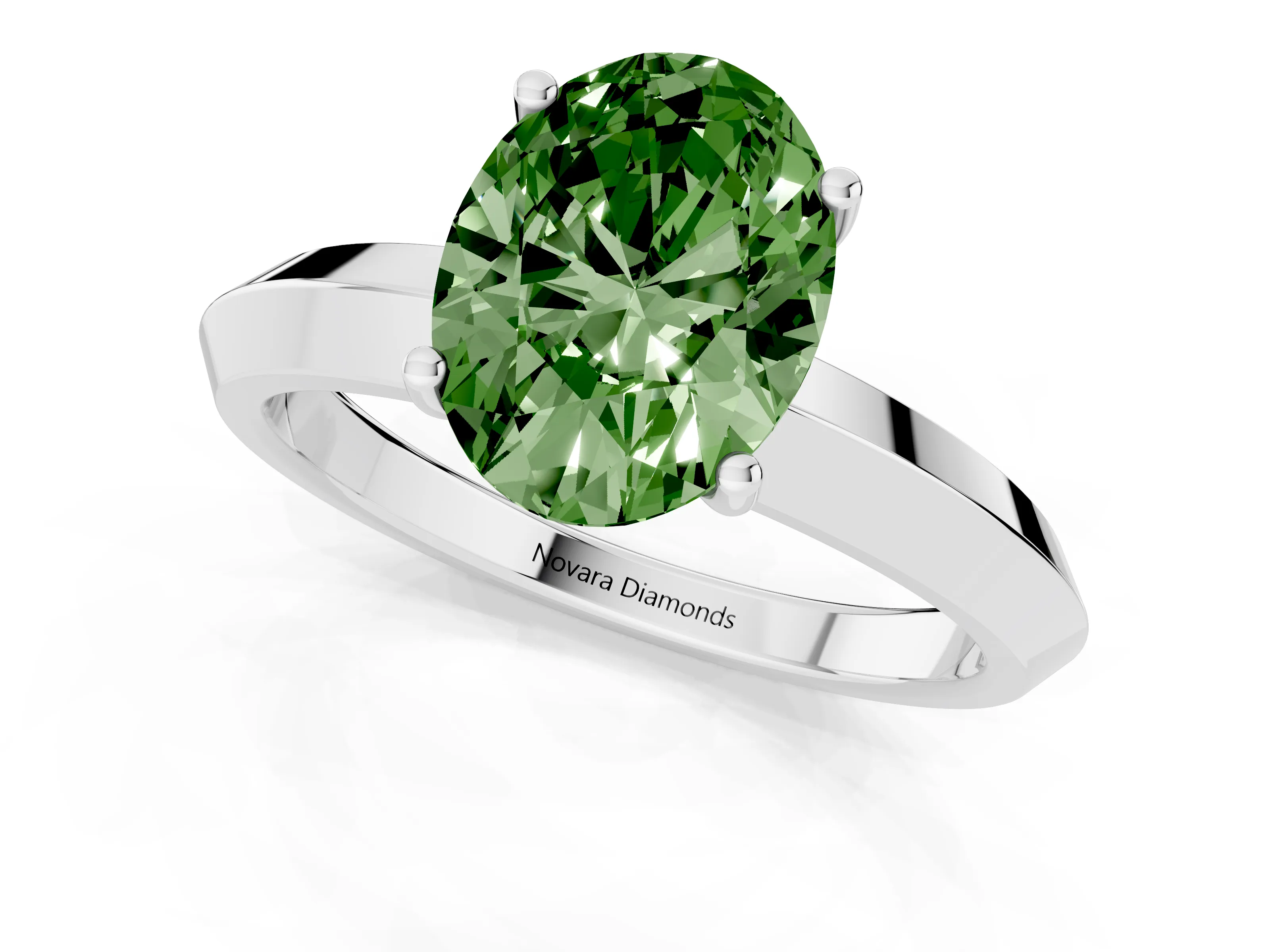 Fancy Green Oval Cut Diamond Solitaire Engagement Ring Set in Platinum with Flat Band and Prong Setting