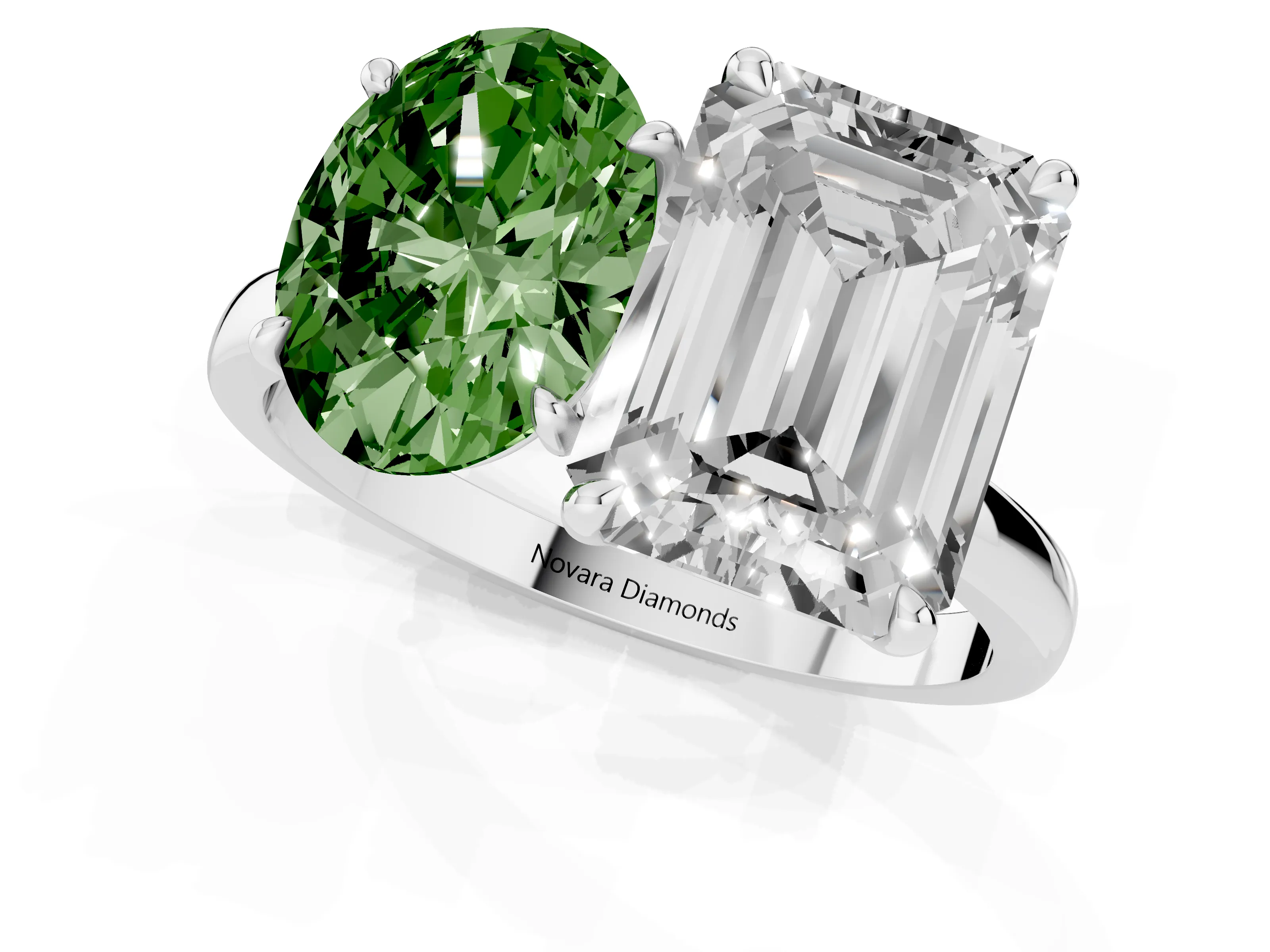 Fancy Green Oval Cut and Emerald Cut Toi Moi Ring Set in White gold with Prong Setting