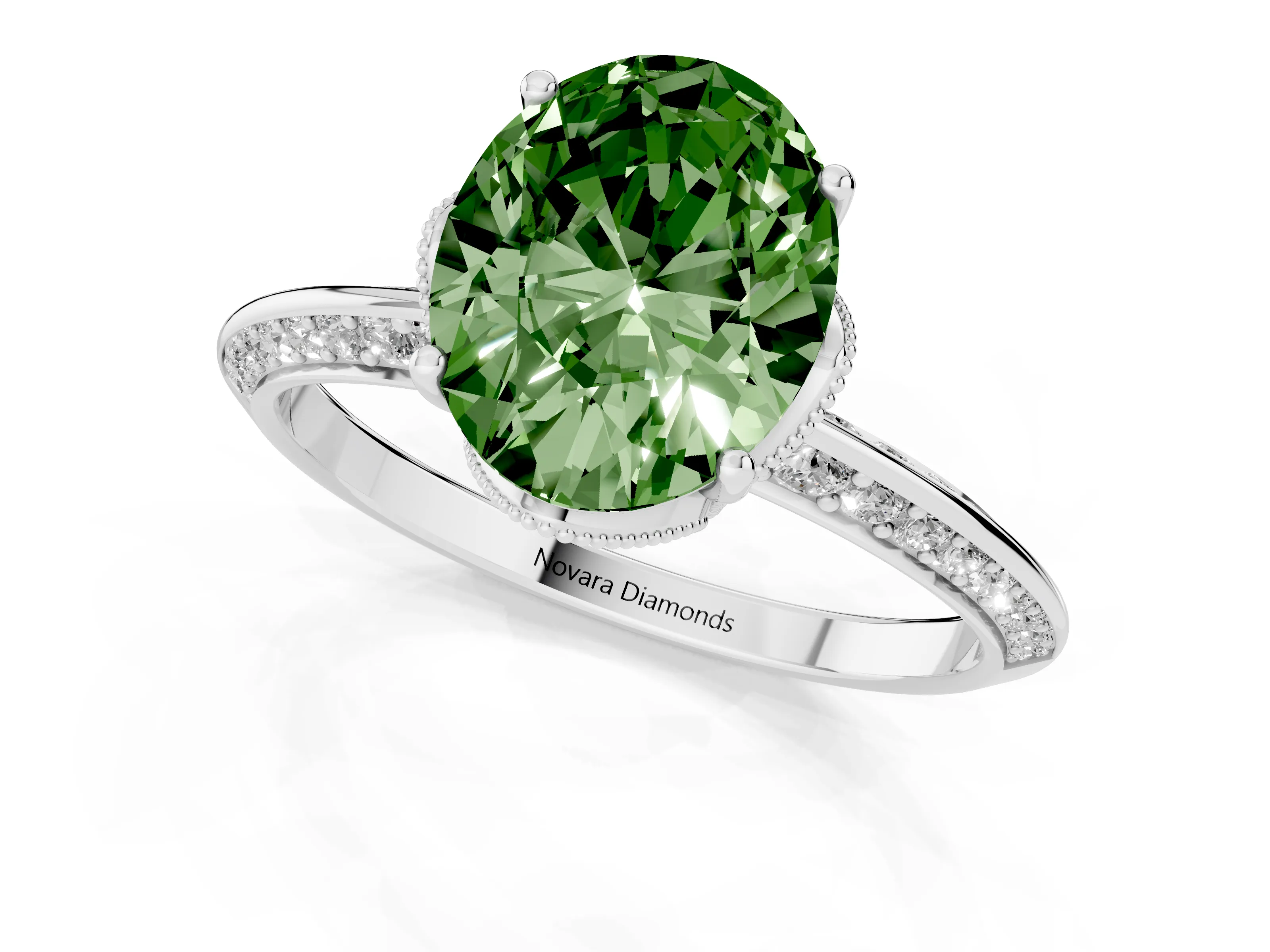 Fancy Green Oval Cut Diamond Solitaire Engagement Ring Set in Silver with Pavé Split Shank and Prong Setting