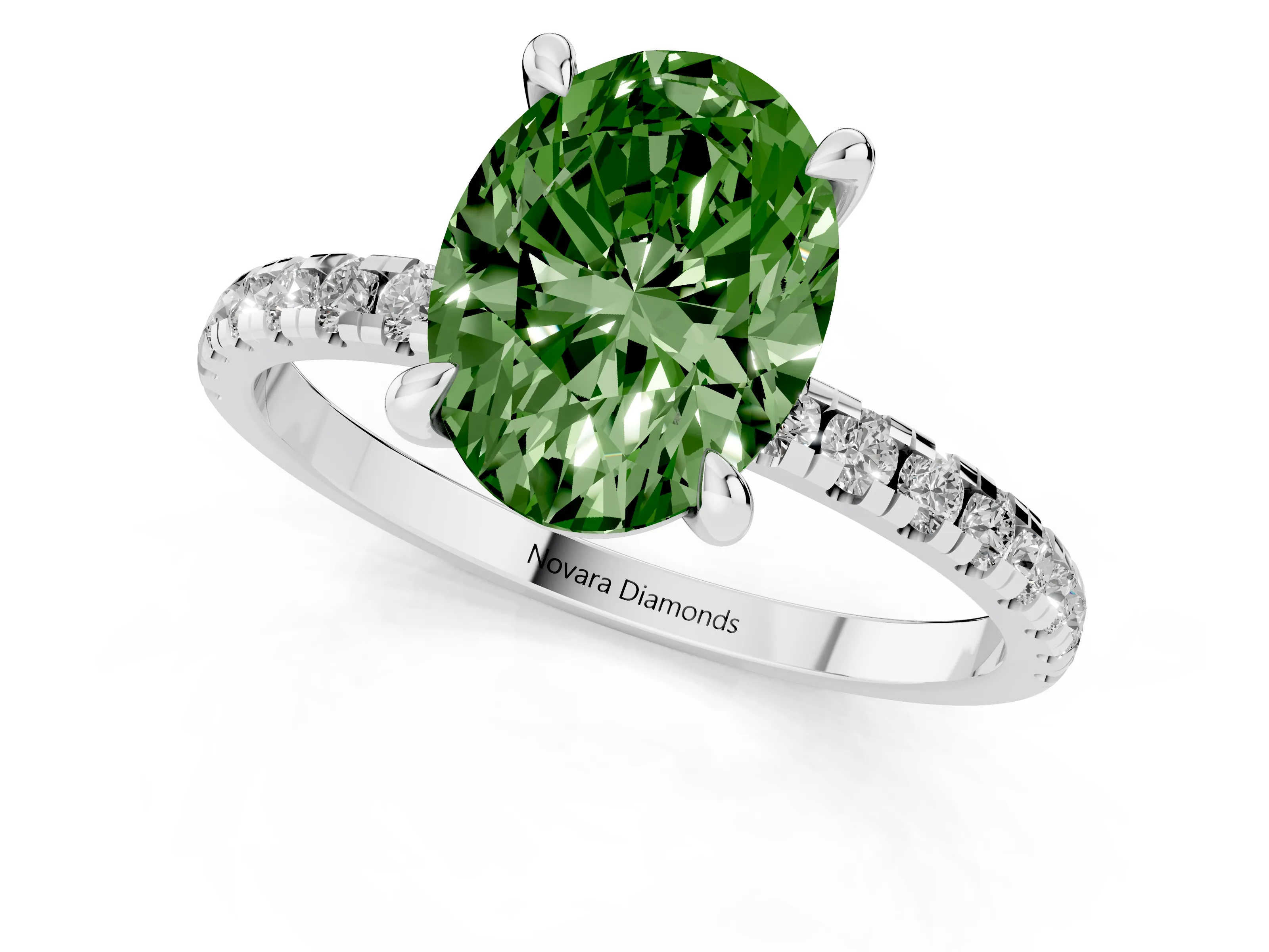 Fancy Green Oval Cut Diamond Brilliant Solitaire Ring Set in White gold with Pavé Band and Prong Setting