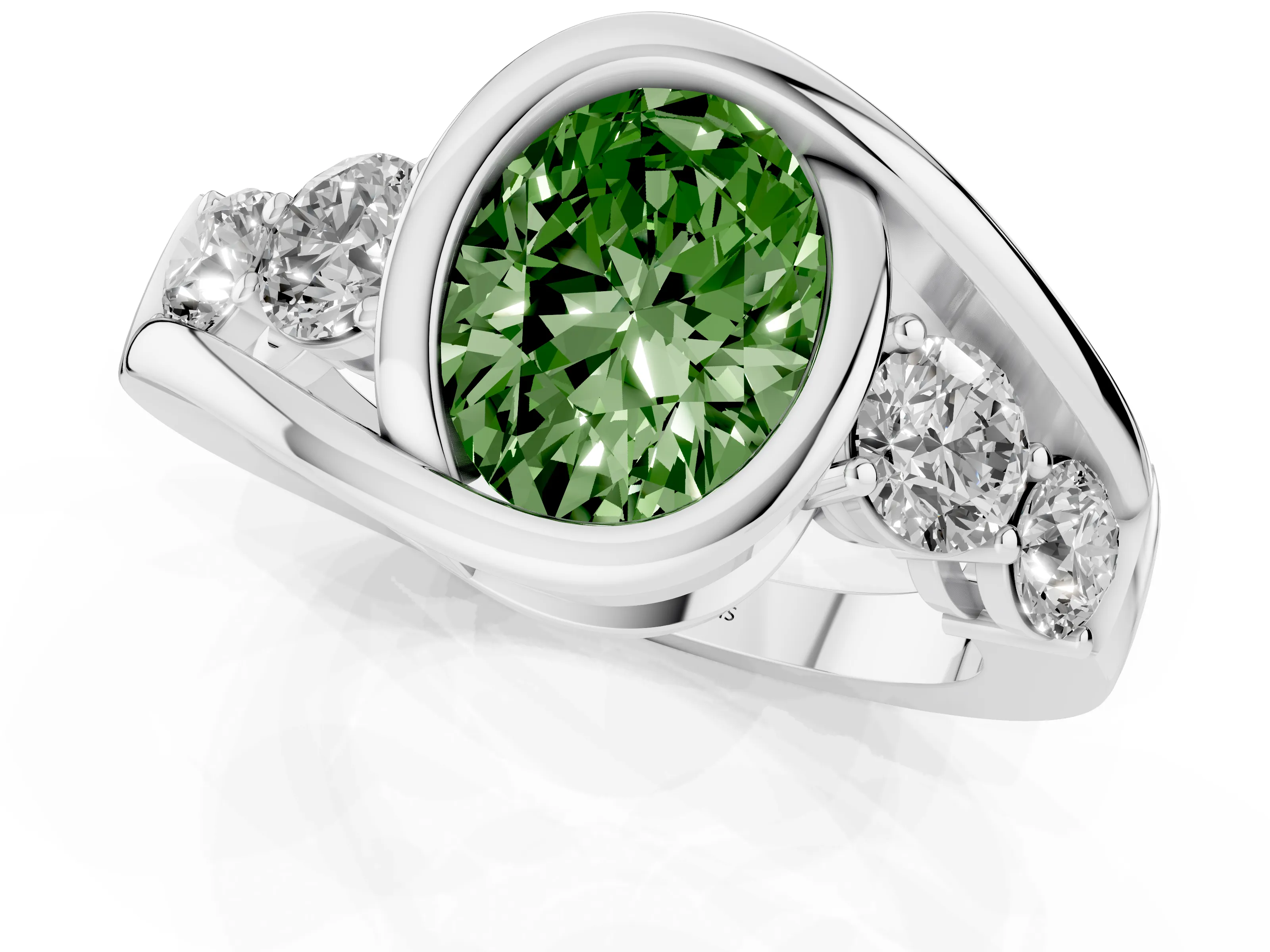 Fancy Green Oval Cut Diamond Bezel Bypass Ring Set in Silver with Round Accents