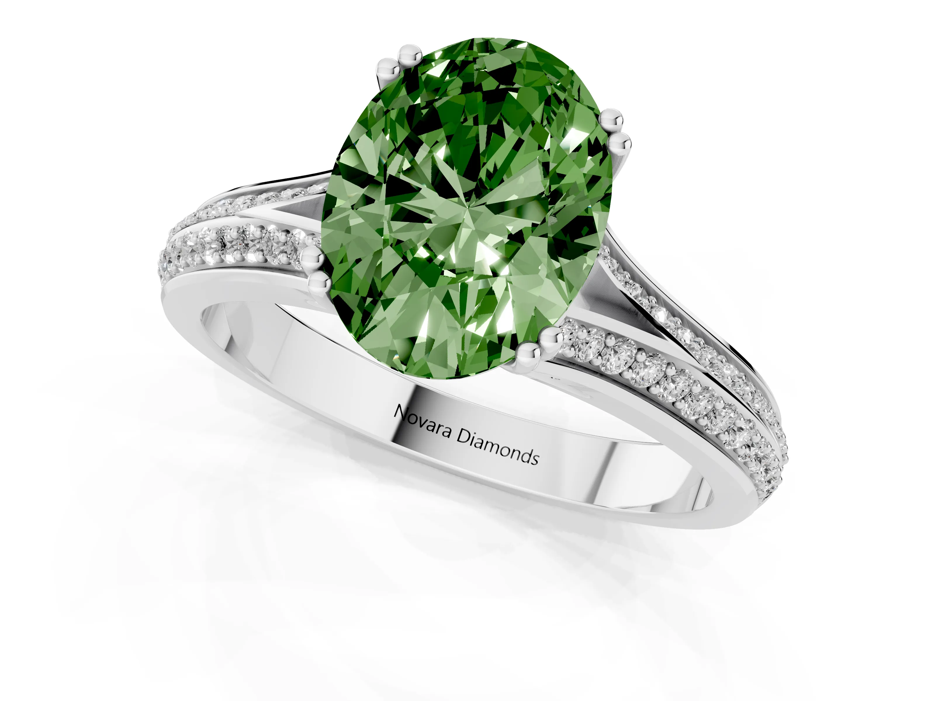 Fancy Green Oval Cut Diamond Split Shank Pavé Engagement Ring Set in Silver with Prong-Set Center Stone