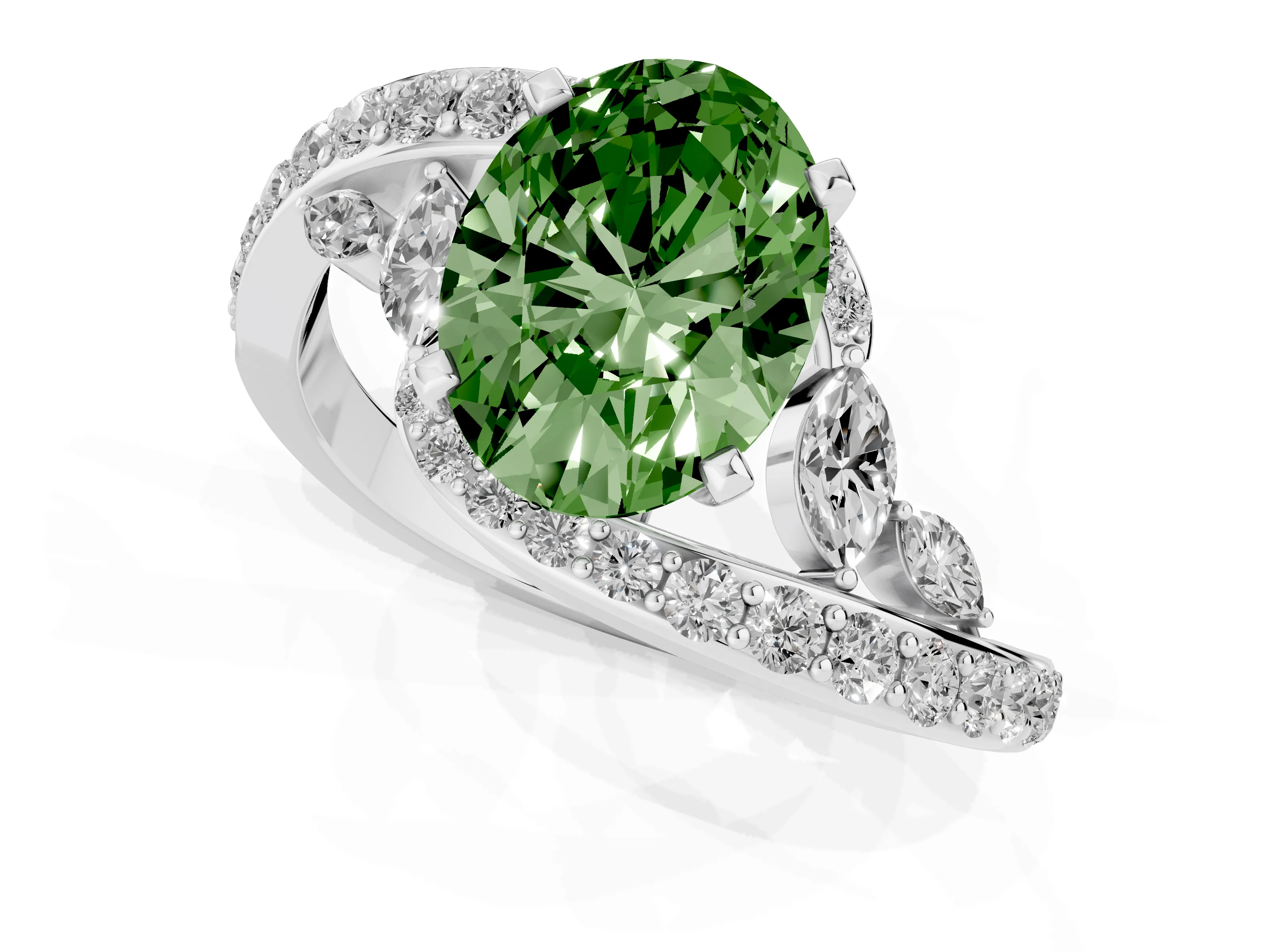Fancy Green Oval Cut Diamond Solitaire Ring Set in Silver with Pavé Twist Band and Secure Prong Setting