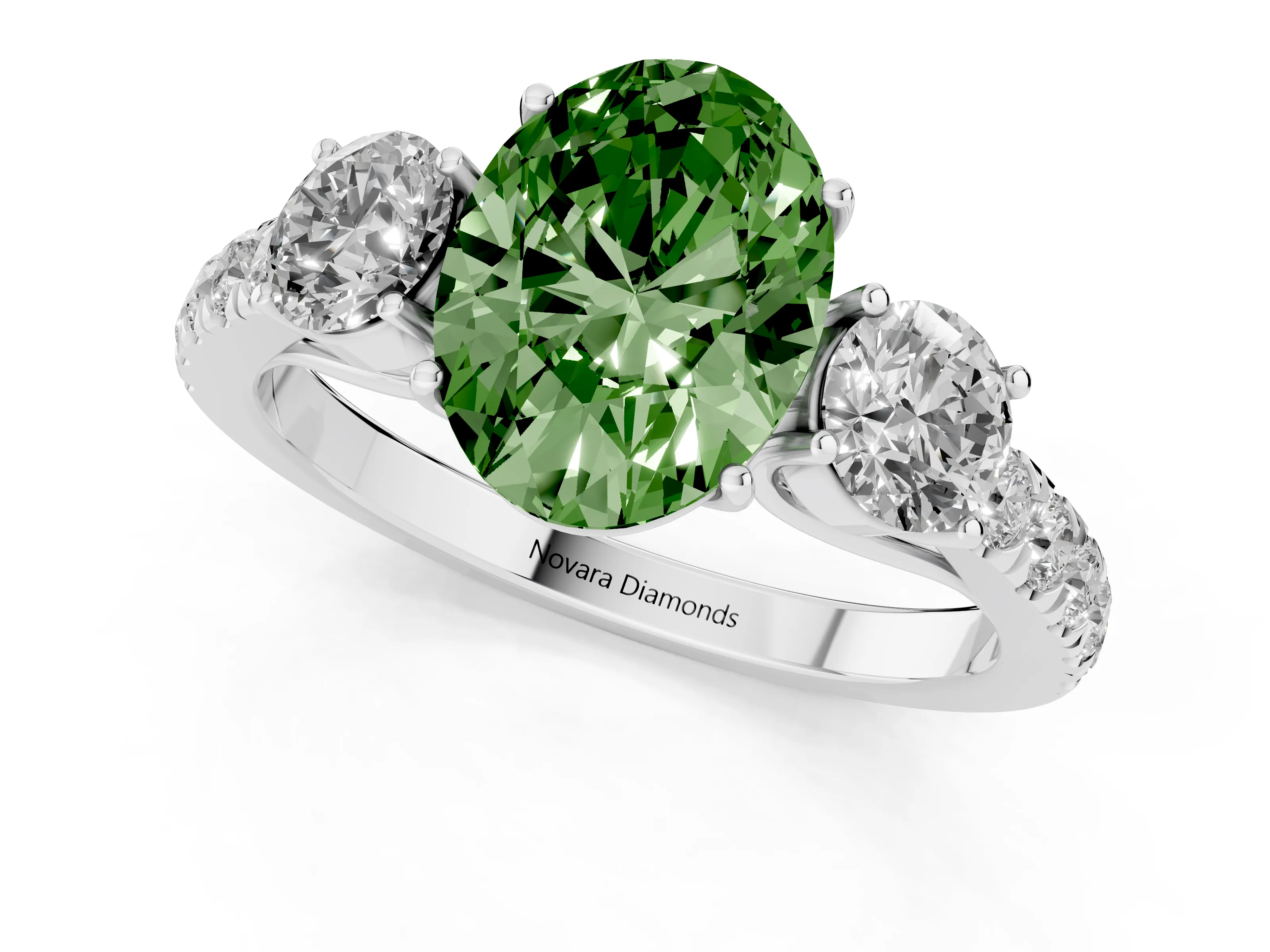 Fancy Green Oval Cut Diamond Three-Stone Ring Set in Silver with Round Side Stones and Delicate Pavé Band