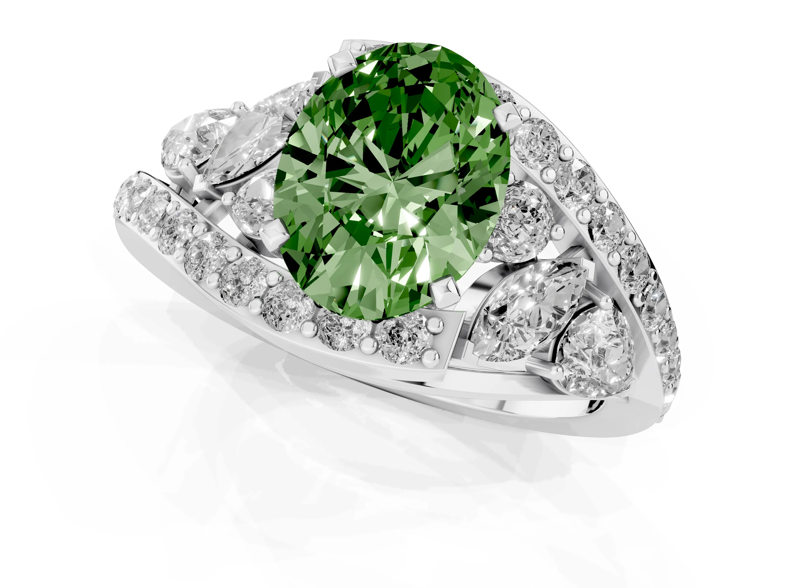 Fancy Green Oval Cut Diamond Halo Ring Set in Platinum with Marquise and Pavé Band in Prong Setting
