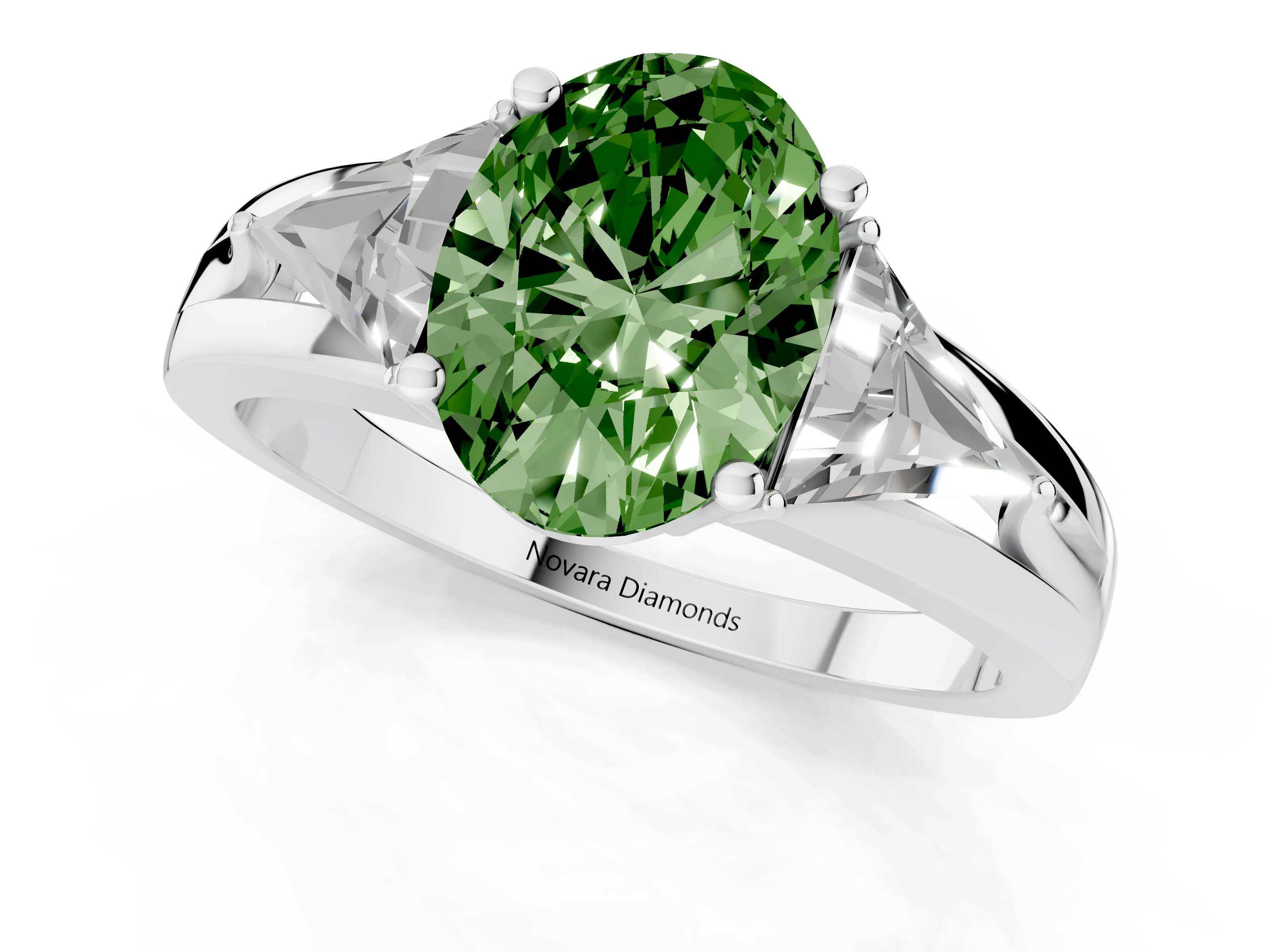 Fancy Green Oval Cut Diamond Three-Stone Ring Set in Silver with Trillion Side Stones and Split Shank