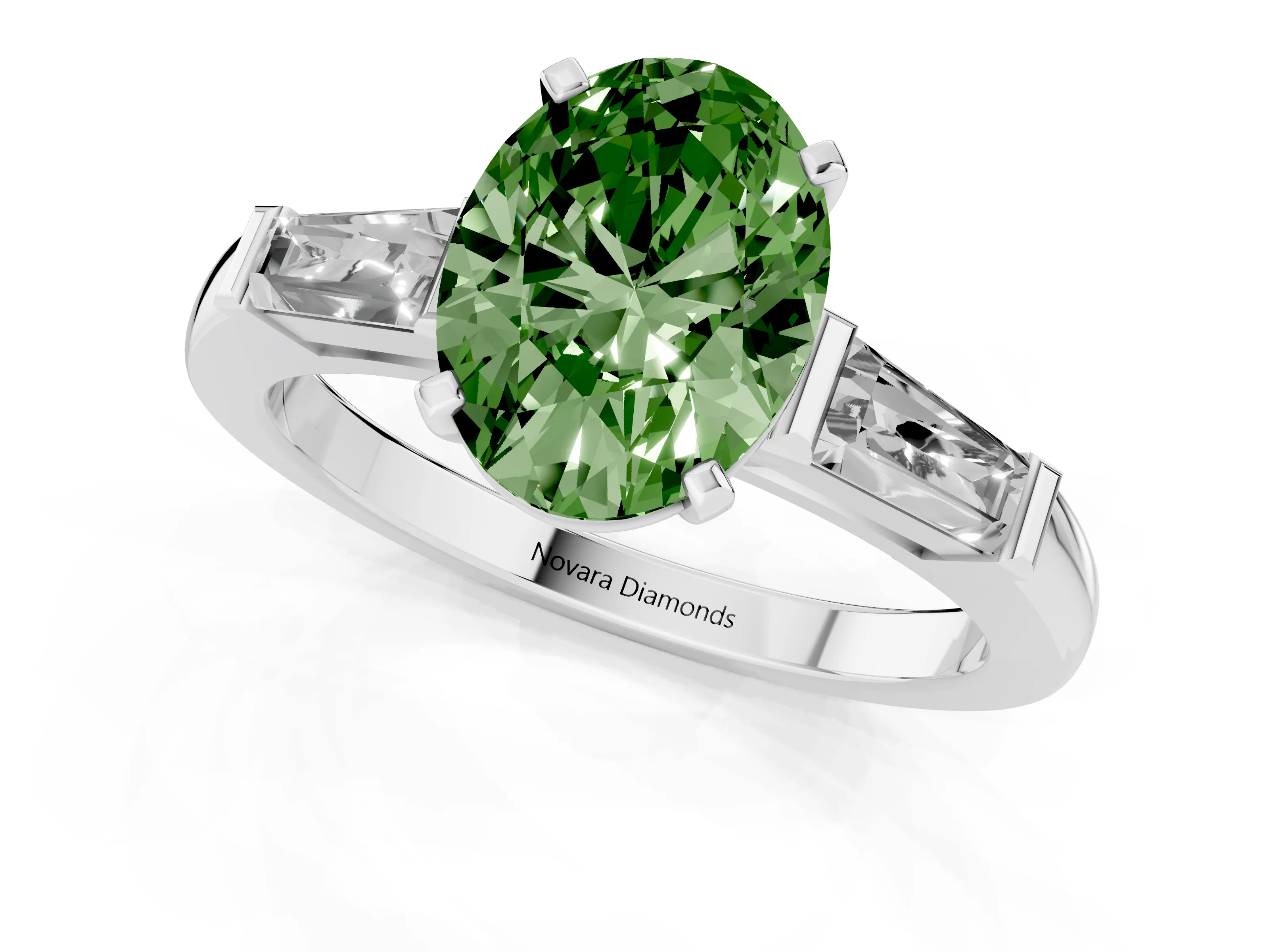Fancy Green Oval Cut Diamond Solitaire Ring Set in Platinum with Tapered Baguette Side Stones and Prong Setting