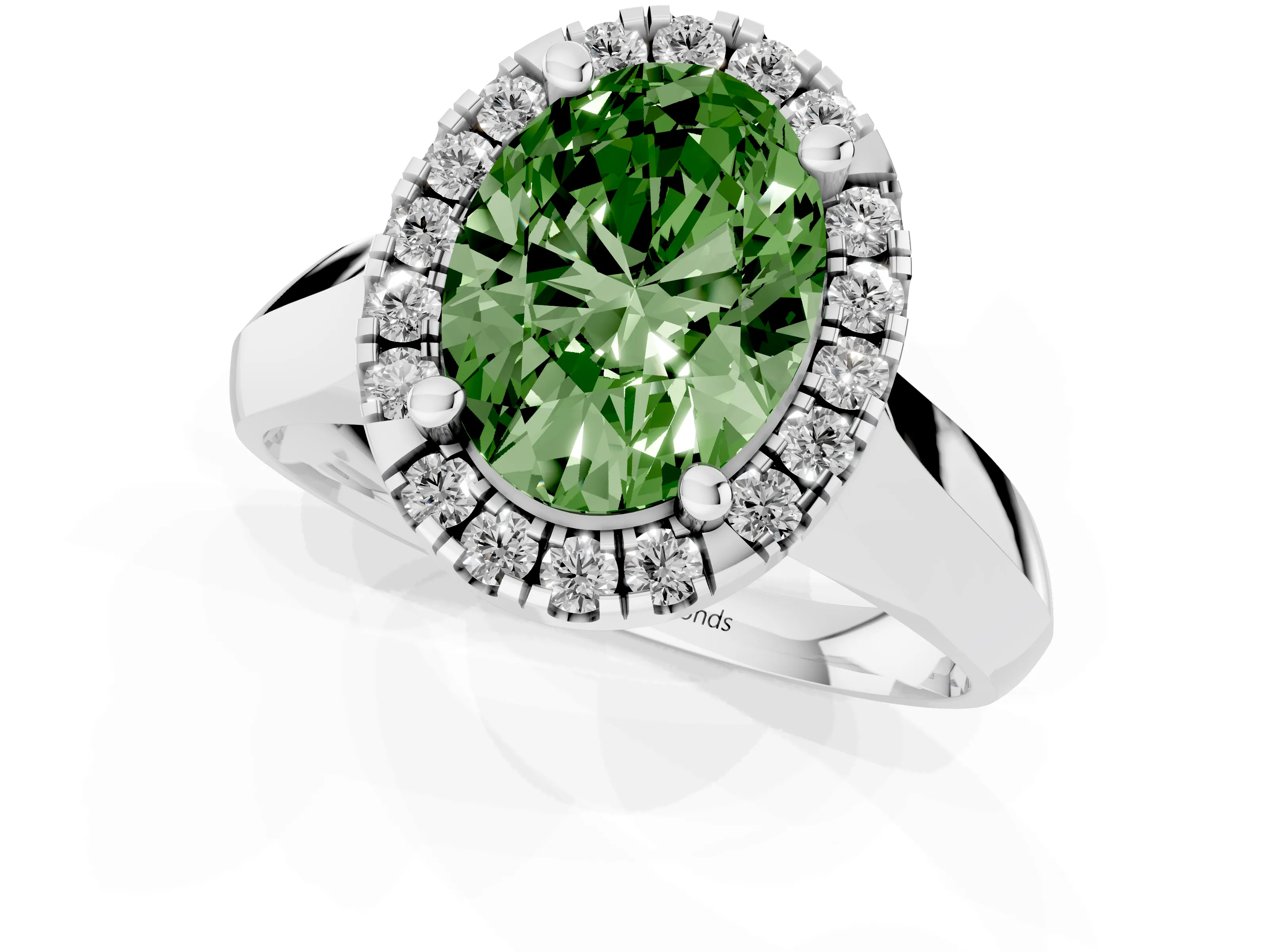 Fancy Green Oval Cut Diamond Halo Solitaire Engagement Ring Set in Silver with Square Band and Prong Setting