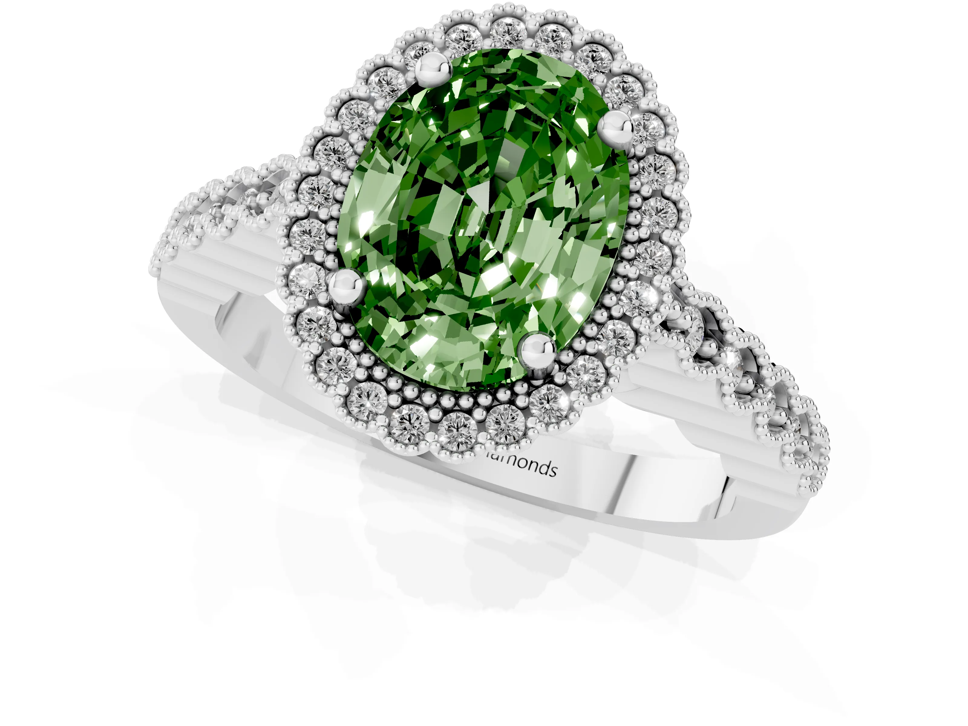 Fancy Green Oval Cut Diamond Halo Ring Set in White gold with Pavé Milgrain Band – second view