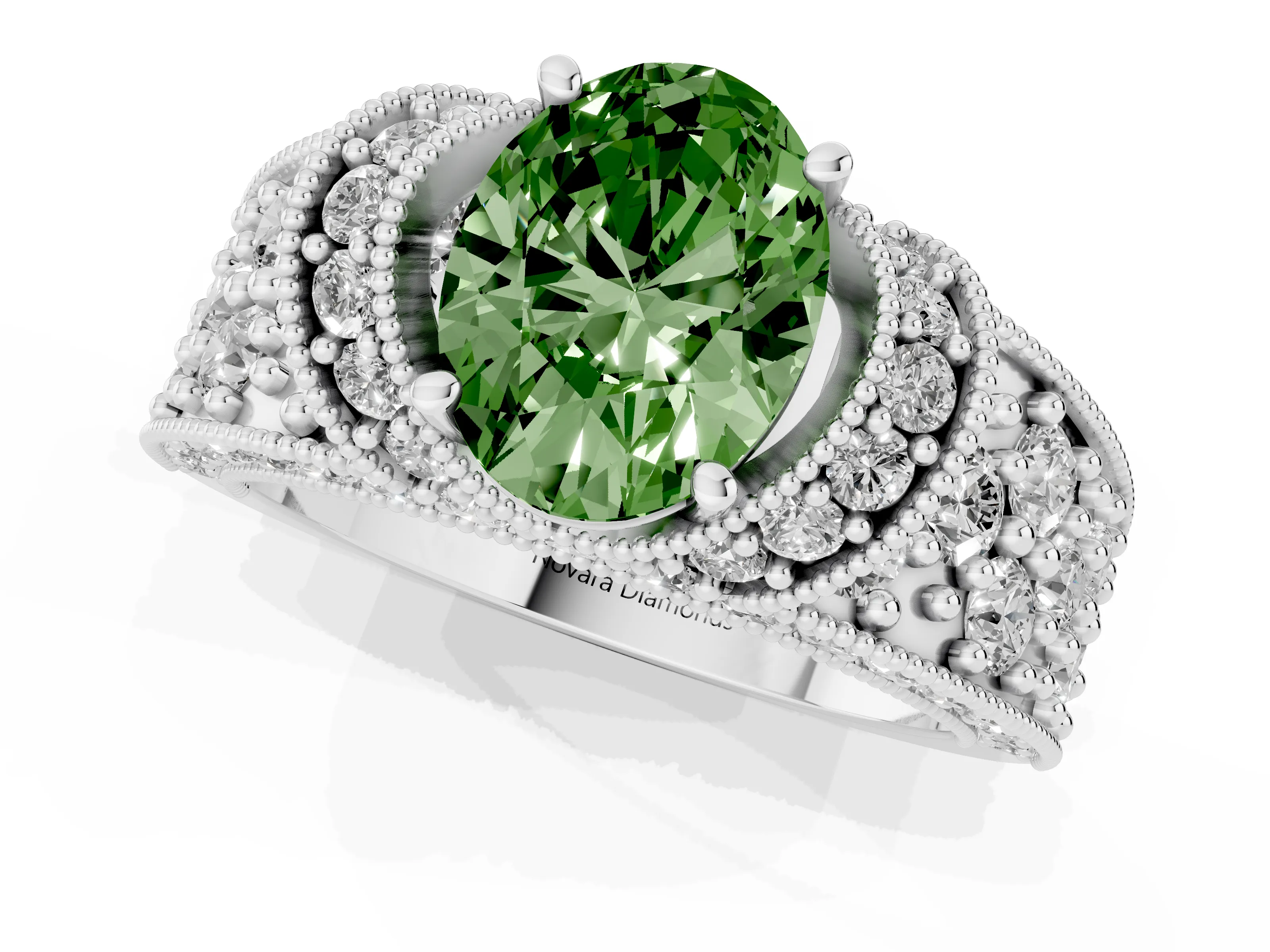 Fancy Green Oval Cut Diamond Milgrain Halo Pavé Engagement Ring Set in Platinum with Prong Setting