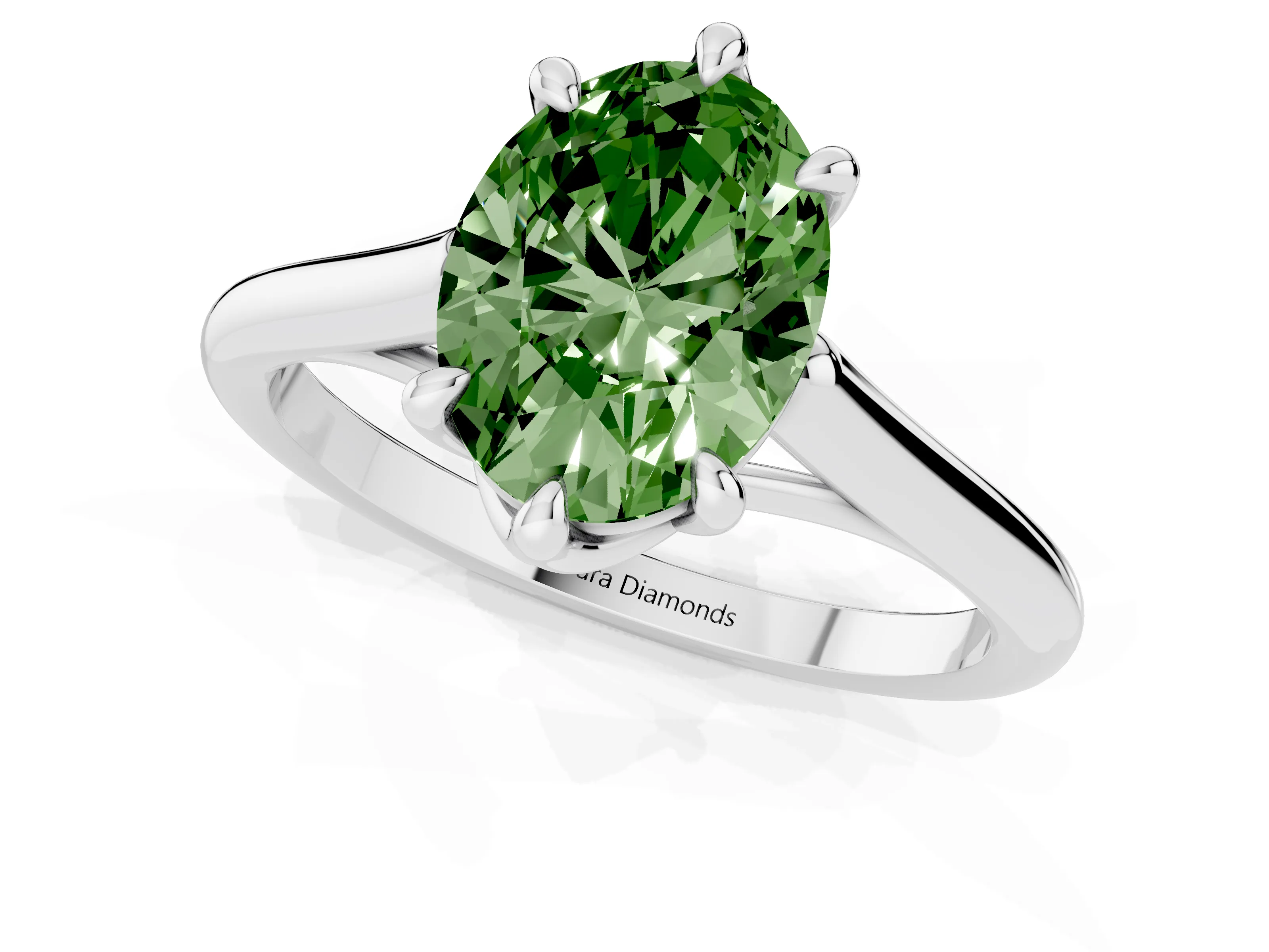 Fancy Green Oval Cut Diamond Solitaire Engagement Ring Set in Platinum with Prong Setting and Plain Classic Band