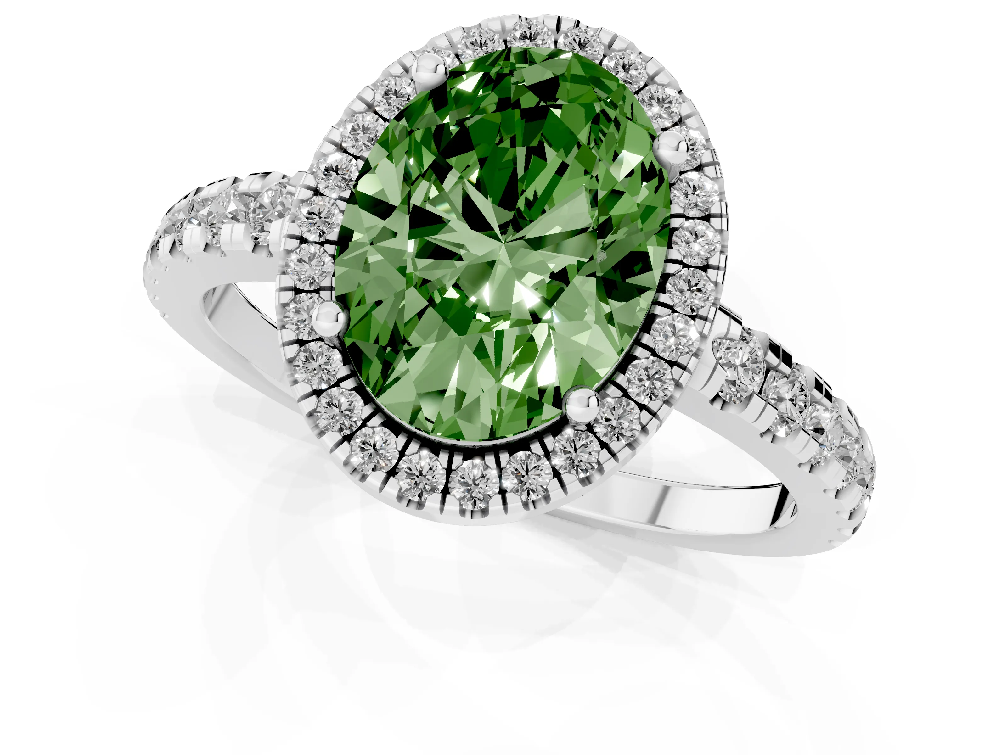 Fancy Green Oval Cut Diamond Halo Ring Set in White gold with Delicate Pavé Band and Prong Setting
