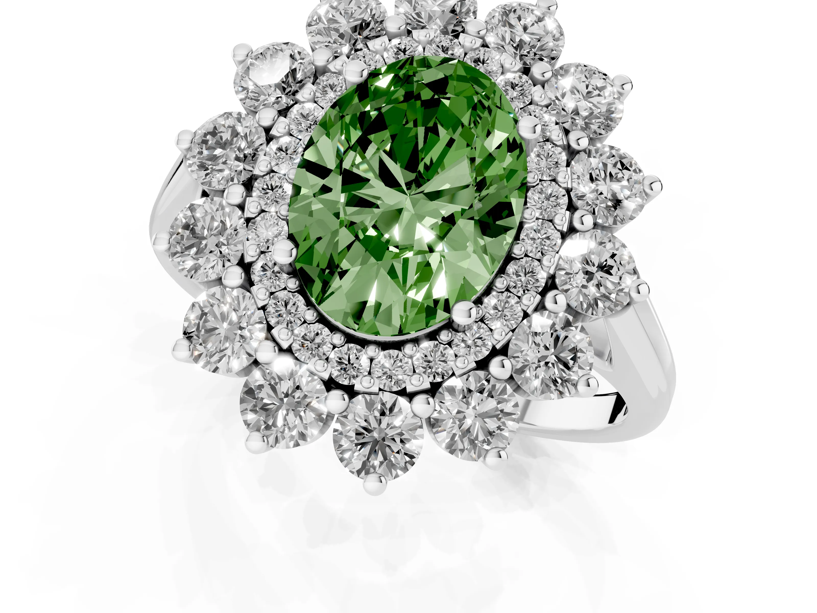 Fancy Green Oval Cut Diamond Floral Double Halo Ring Set in Silver with Round Petals