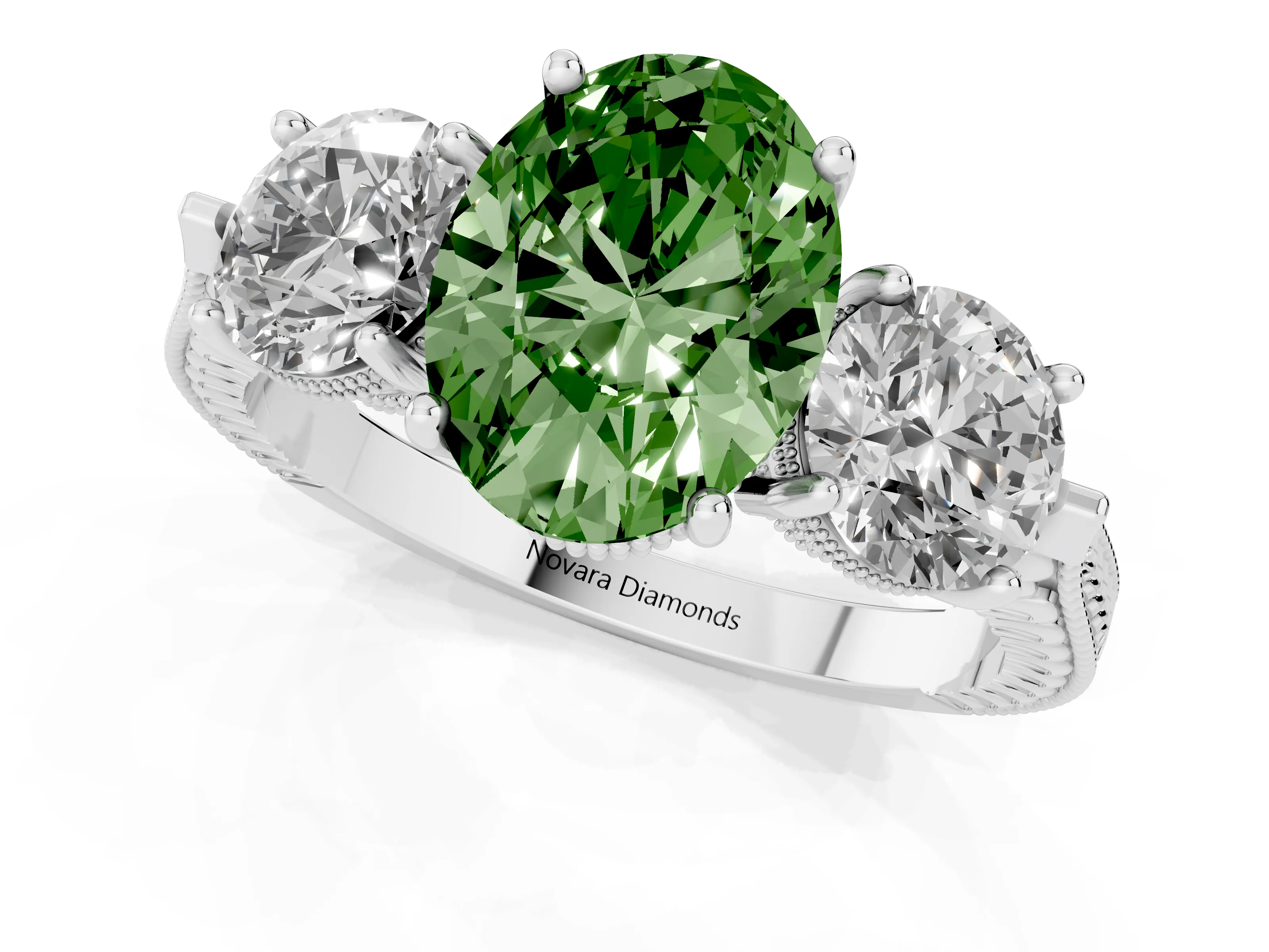 Fancy Green Oval Cut Diamond Three-Stone Ring Set in Silver with Milgrain Band