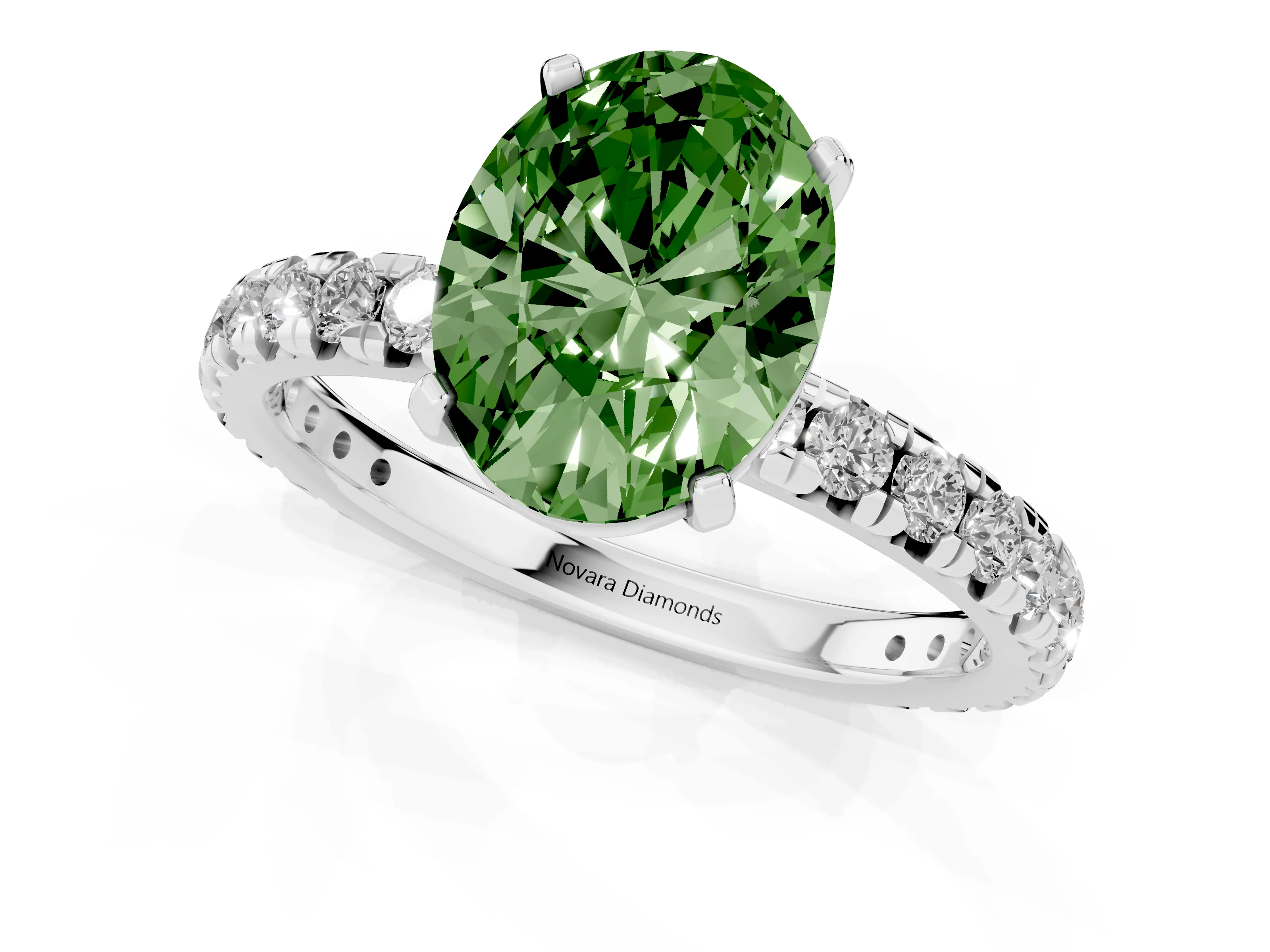 Fancy Green Oval Cut Diamond Pavé Solitaire Ring Set in Silver with Round Band and Prong Setting – second view