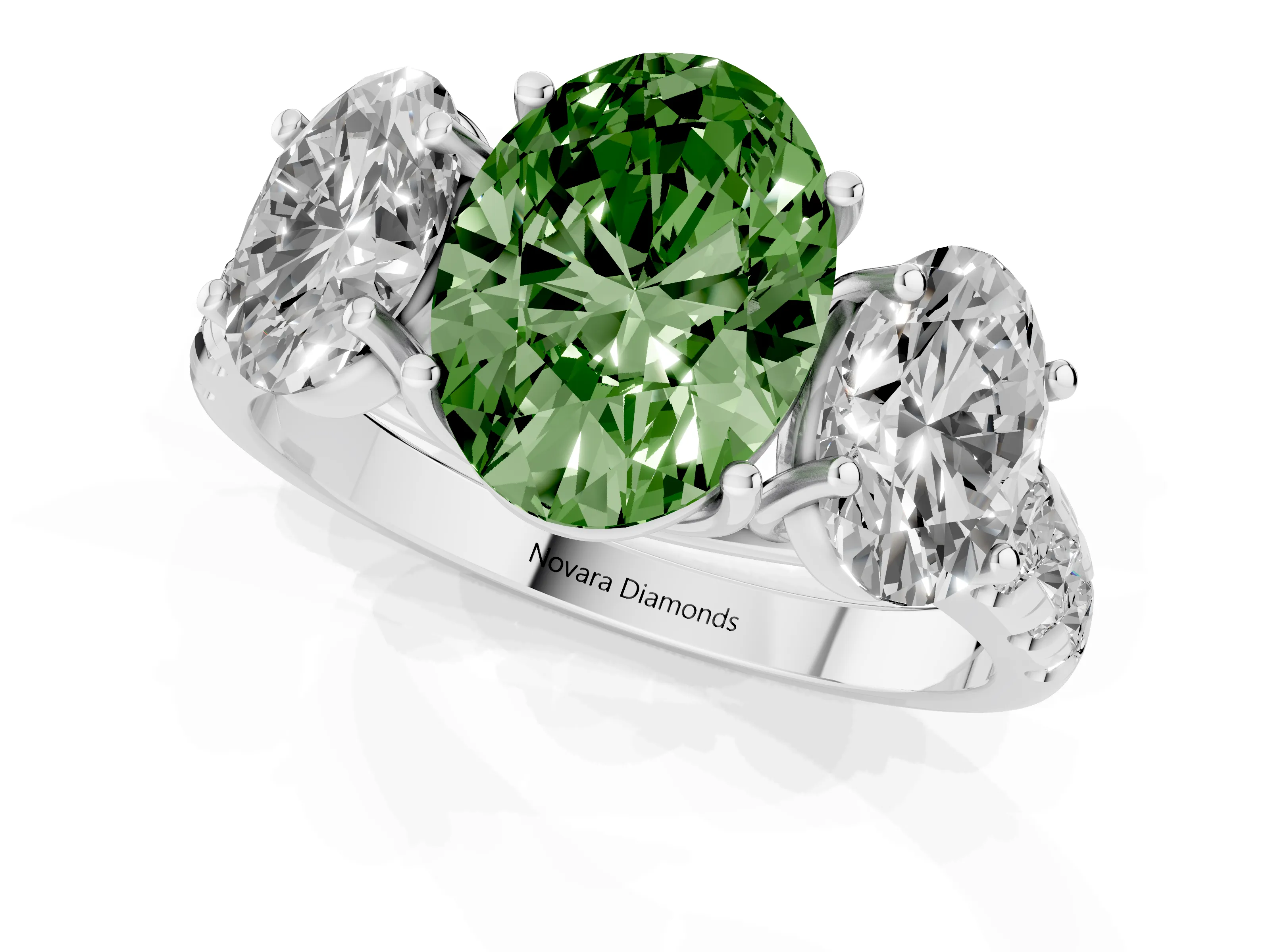 Fancy Green Oval Cut Diamond Three-Stone Ring Set in Silver with Pavé Band