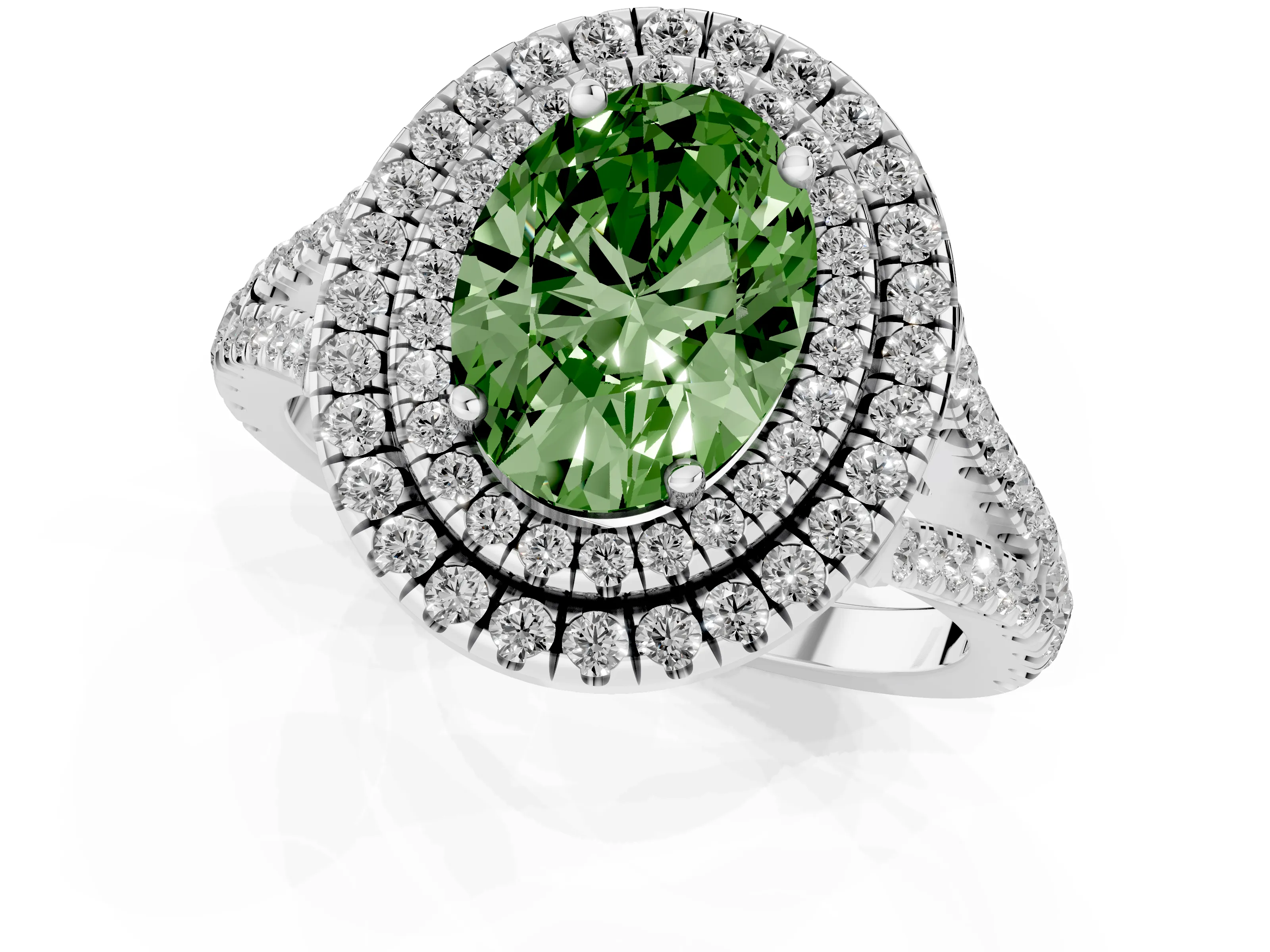 Fancy Green Oval Cut Diamond Double Halo Ring Set in Silver with Pavé Band