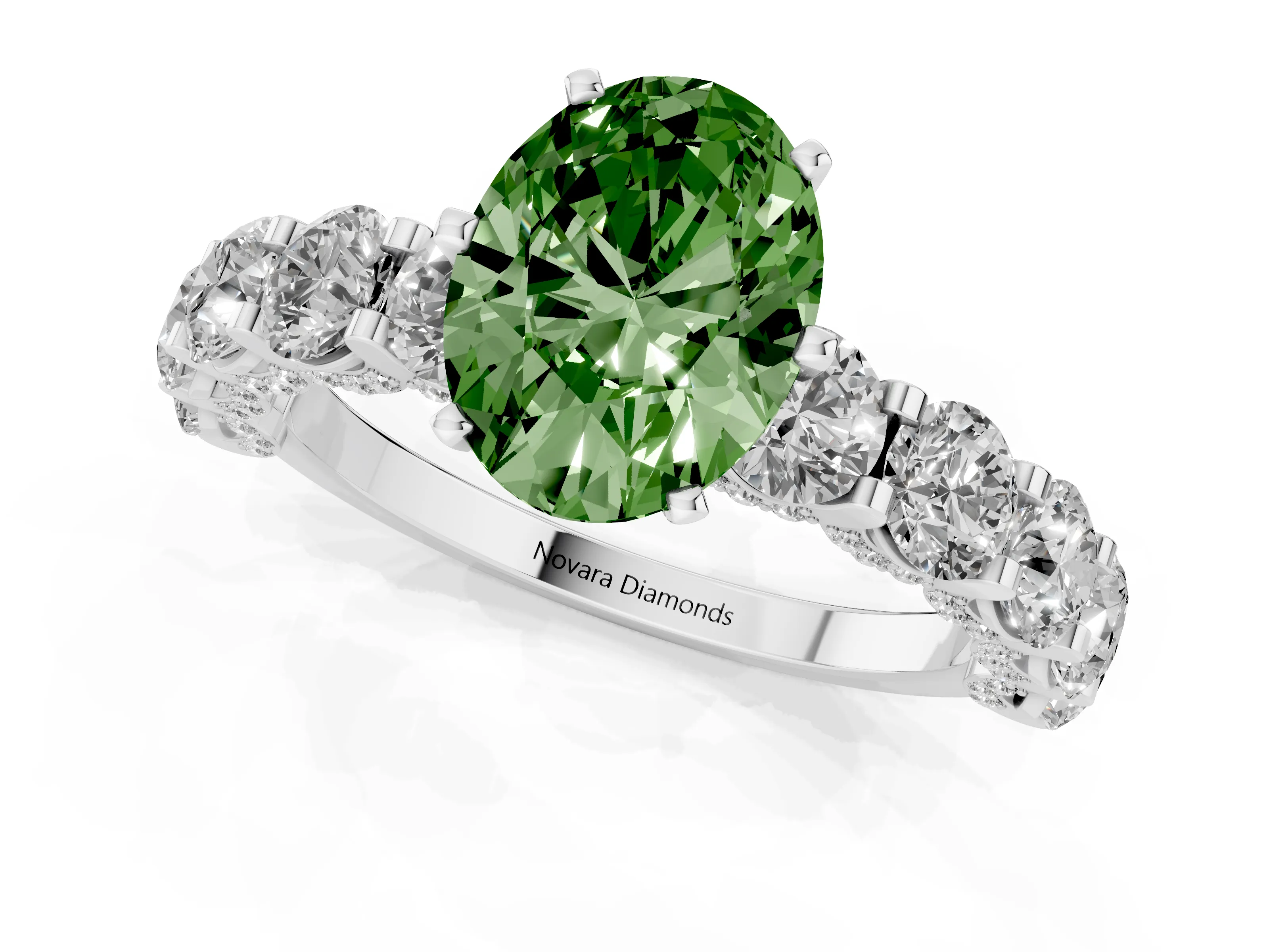 Fancy Green Oval Cut Diamond Side Stone Ring Set in Platinum with Alternating Round and Oval Side Stones