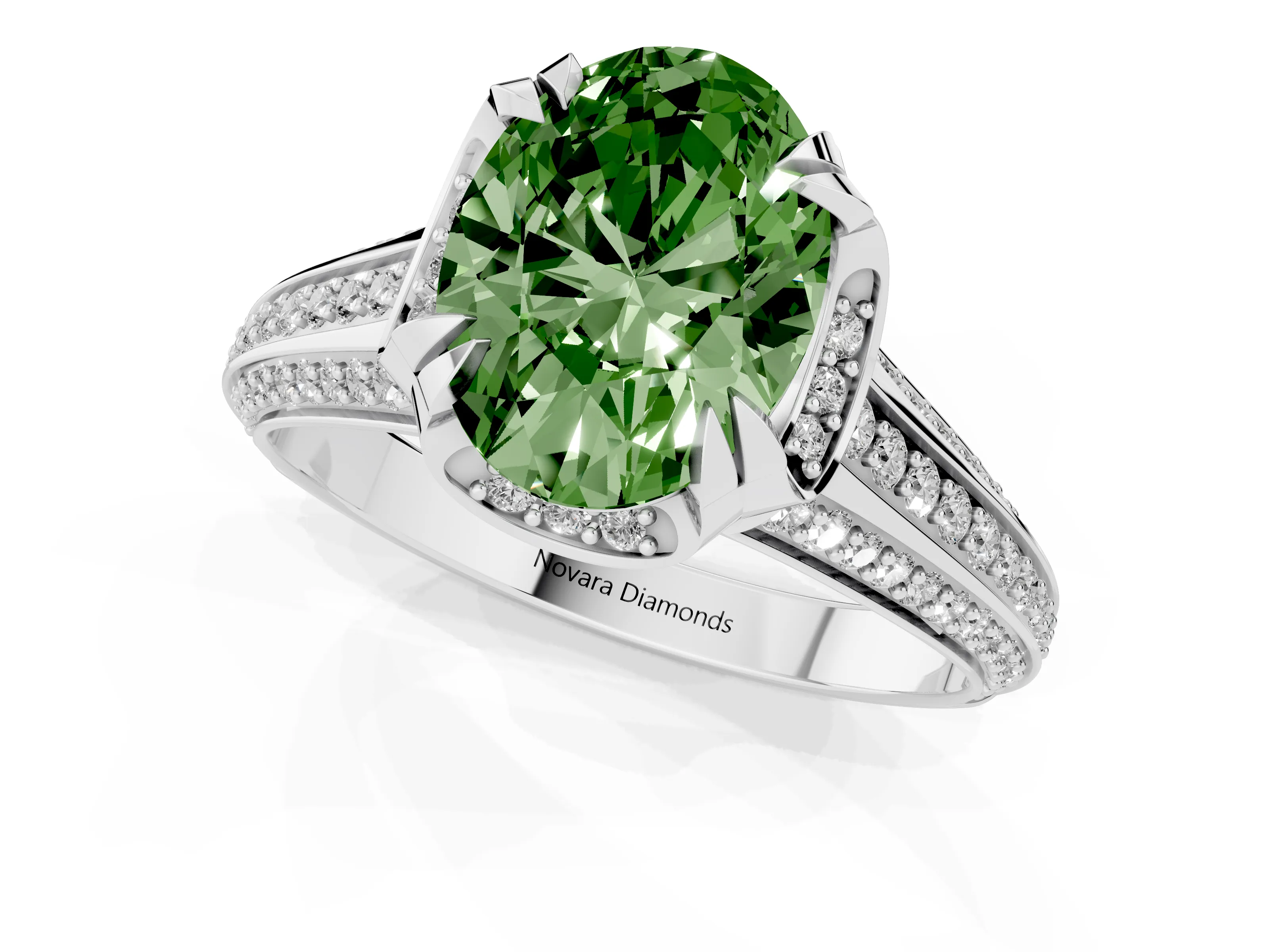Fancy Green Oval Cut Diamond Pavé Split Shank Solitaire Ring Set in Silver with Prong Setting