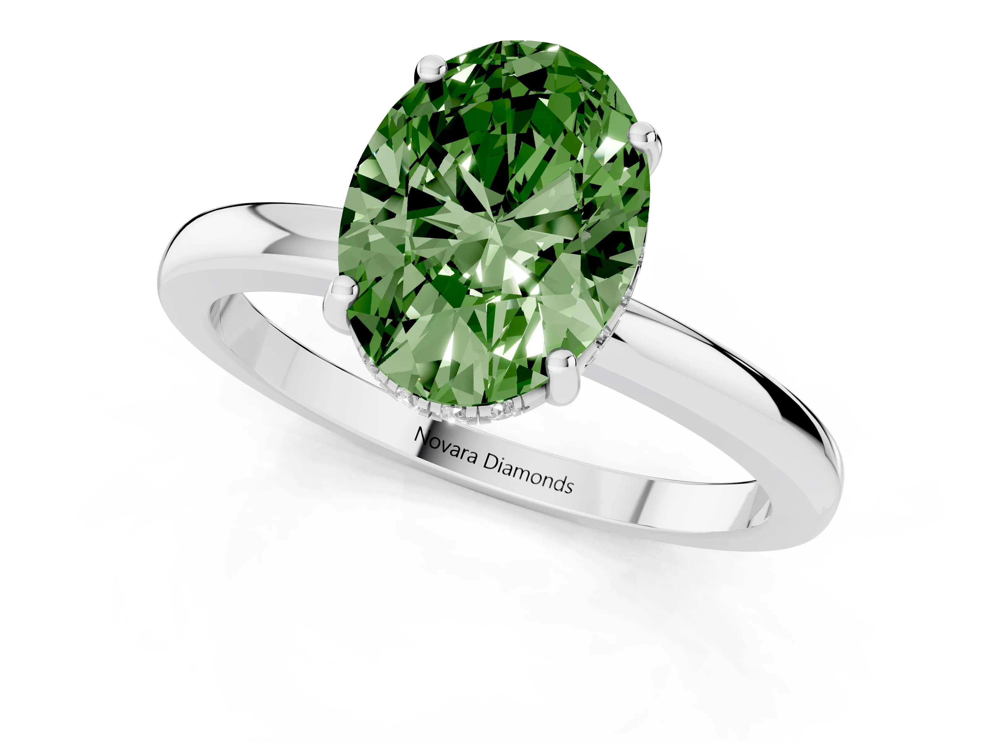Fancy Green Oval Cut Diamond Solitaire Ring Set in Silver with Plain Band and Prong Setting