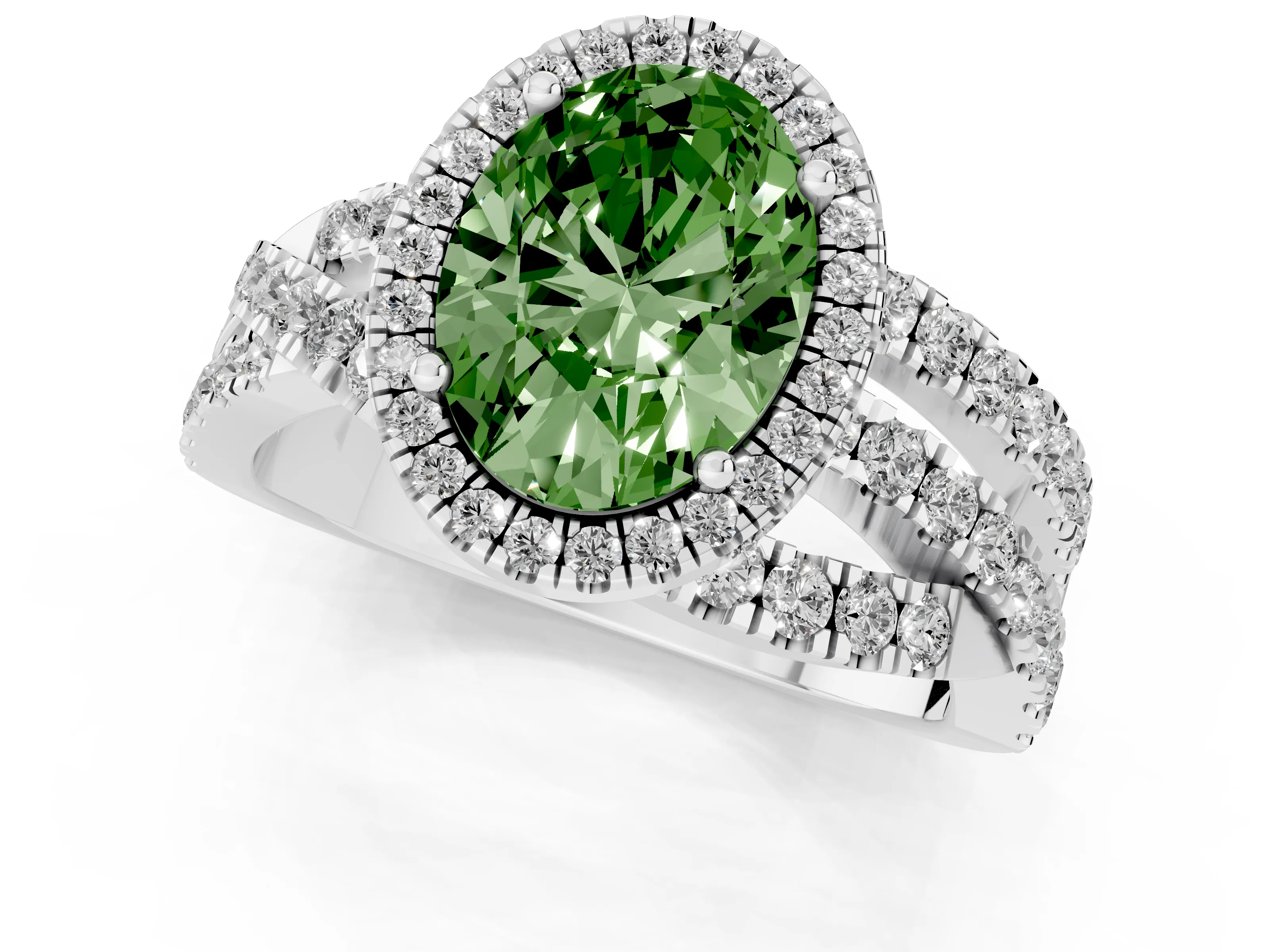 Fancy Green Oval Cut Diamond Halo Ring Set in Silver with Round Crossover Split Shank and Prong Setting – second view