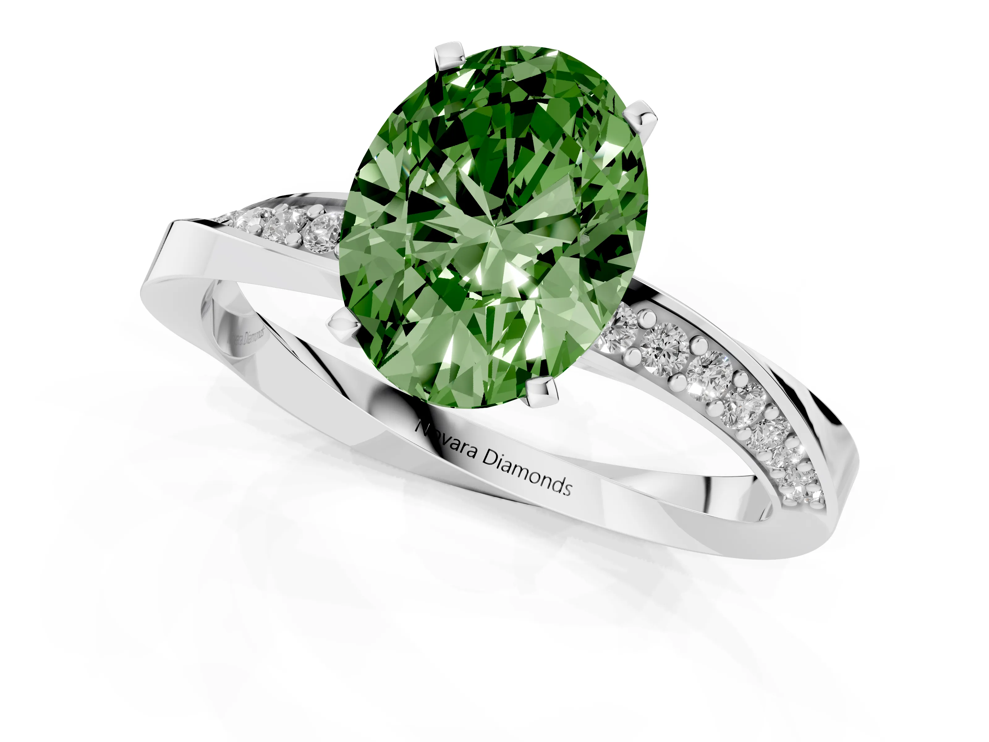 Fancy Green Oval Cut Diamond Engagement Ring Set in Silver with Side Stone Accents and Prong Setting