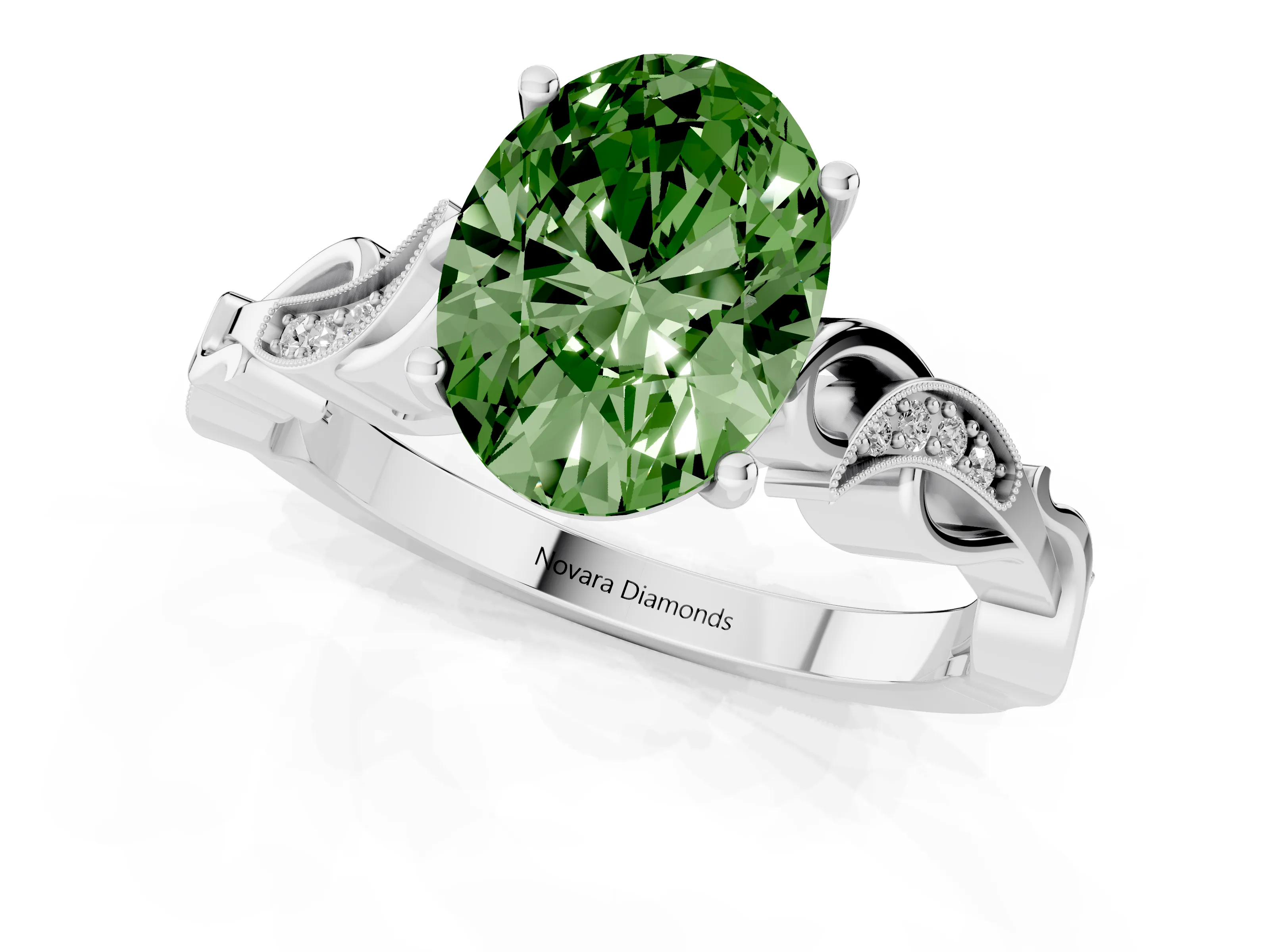 Fancy Green Oval Cut Diamond Vine Band Solitaire Ring Set in Silver with Milgrain Prong Setting