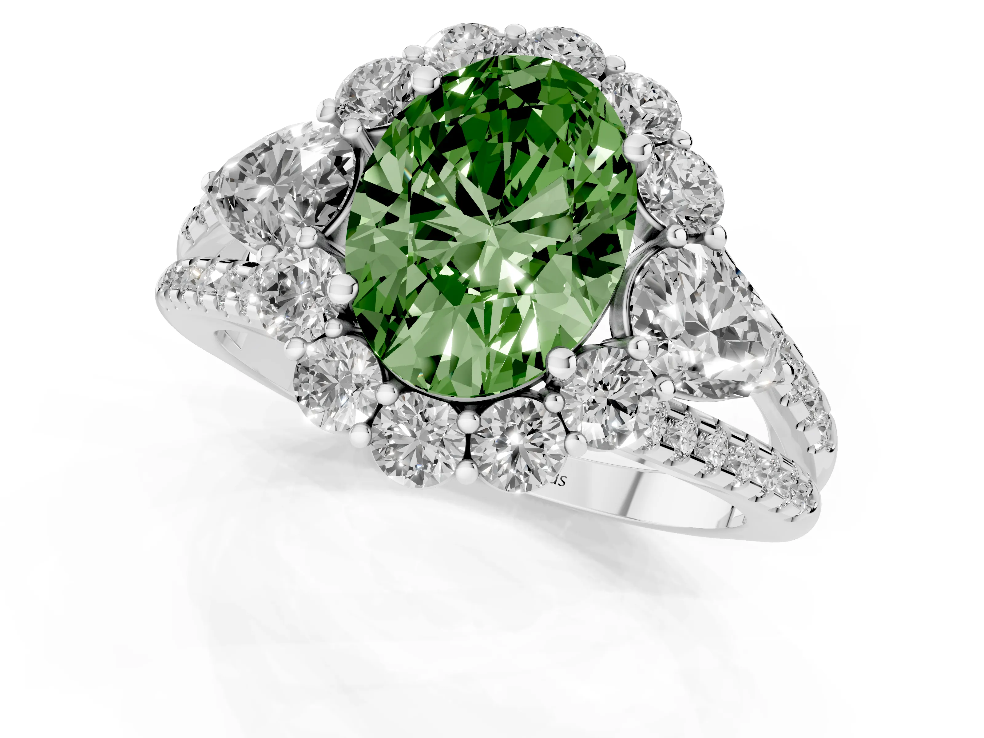 Fancy Green Oval Cut Diamond Halo Split Shank Engagement Ring Set in Platinum with Prong-Held Center Stone