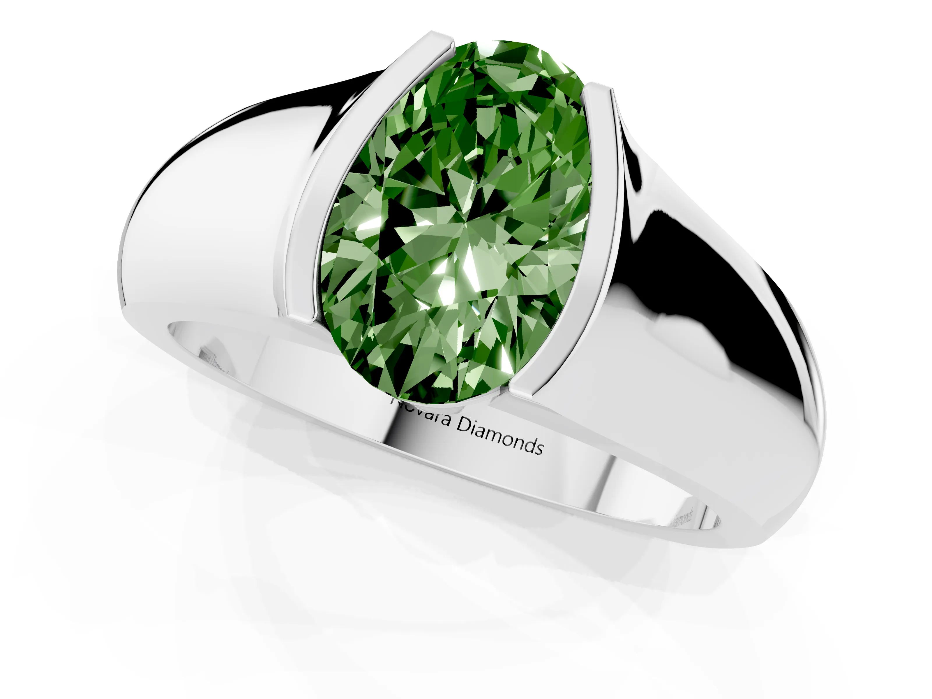 Fancy Green Oval Cut Diamond Bezel Solitaire Ring Set in White gold with Wide Band