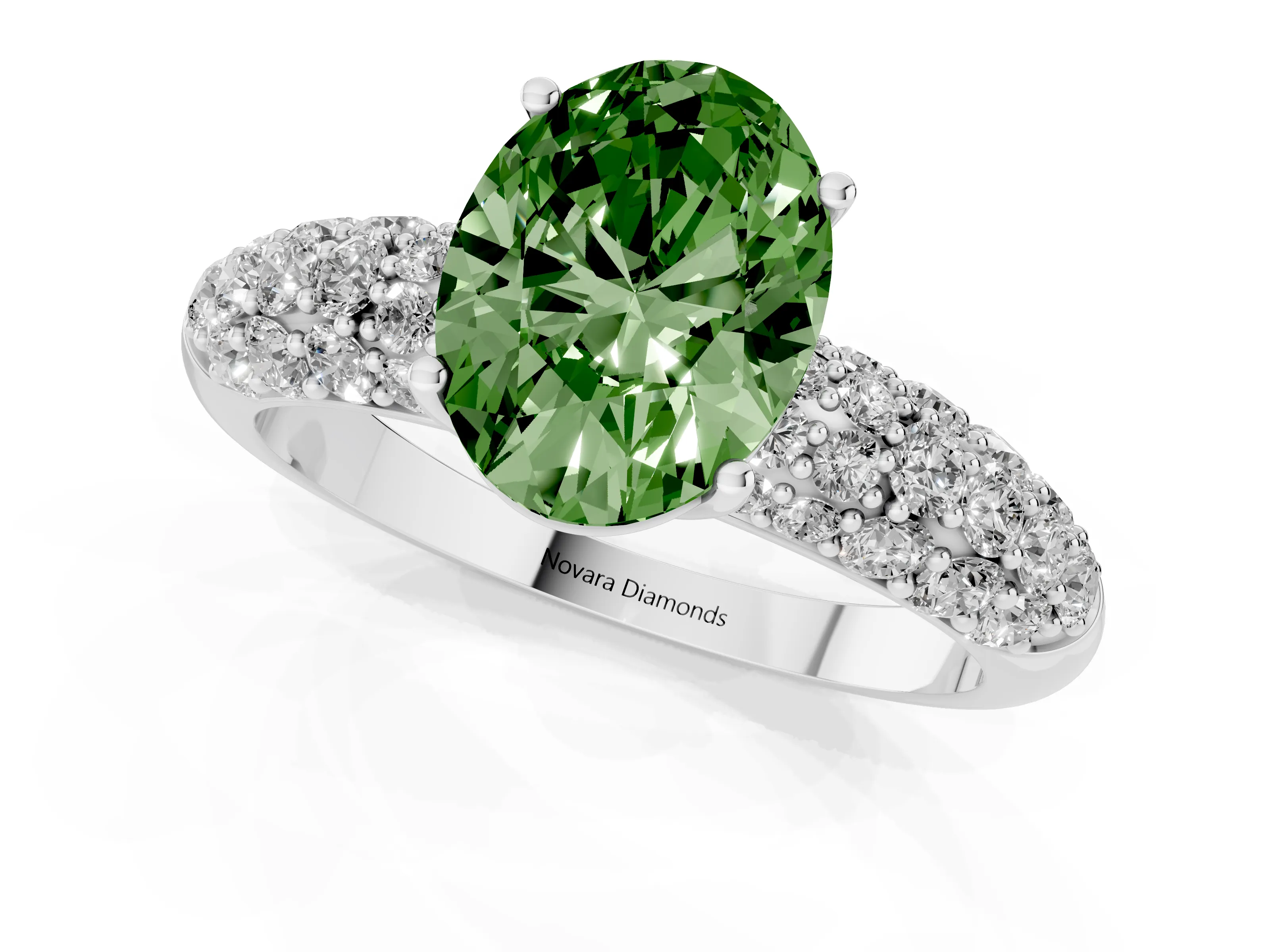 Fancy Green Oval Cut Diamond Pavé Band Solitaire Ring Set in White gold with Close-Set Accent Stones and Prong Setting
