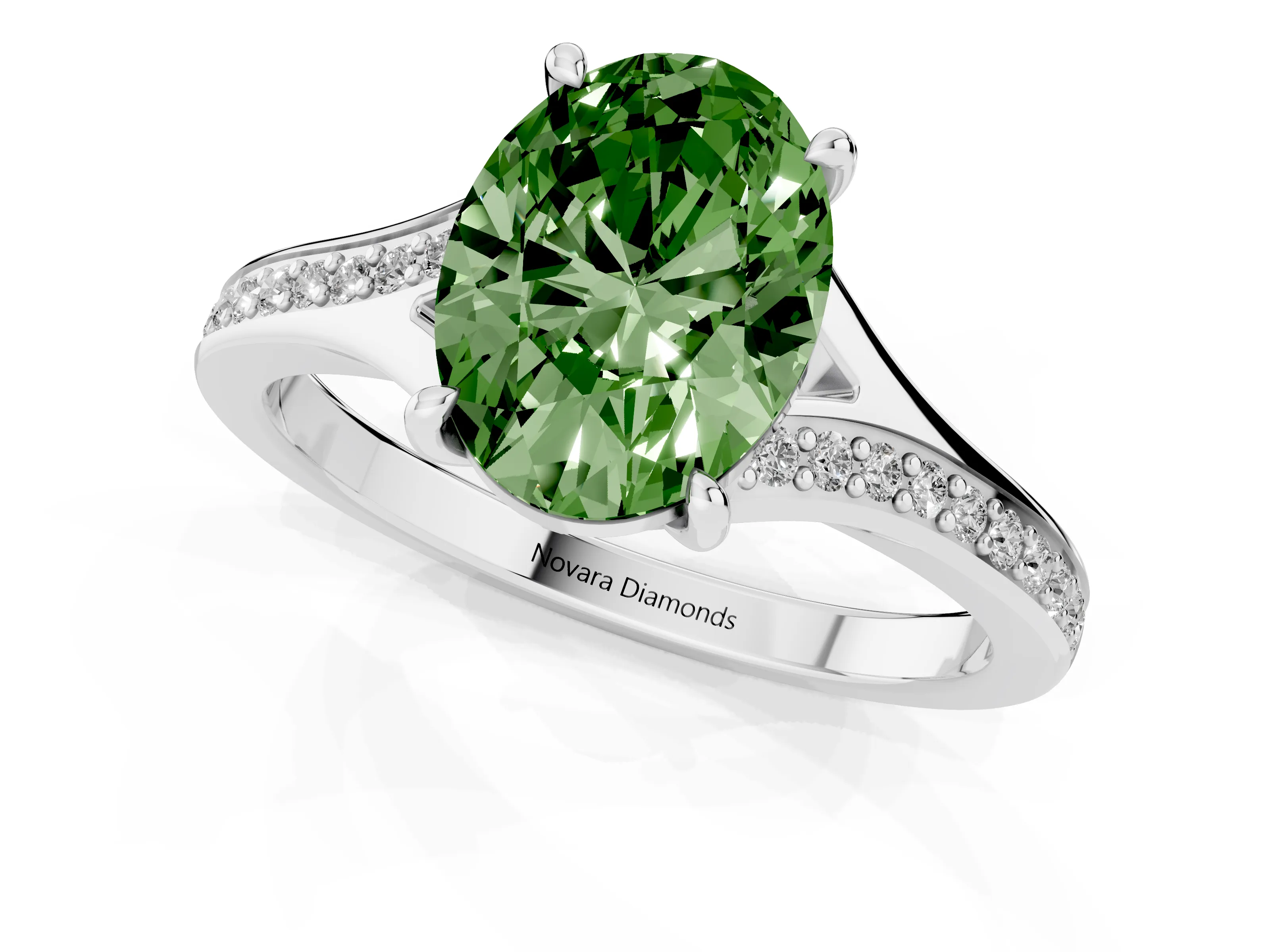 Fancy Green Oval Cut Diamond Solitaire Ring Set in White gold with Pavé Accent Band and Classic Prong Setting