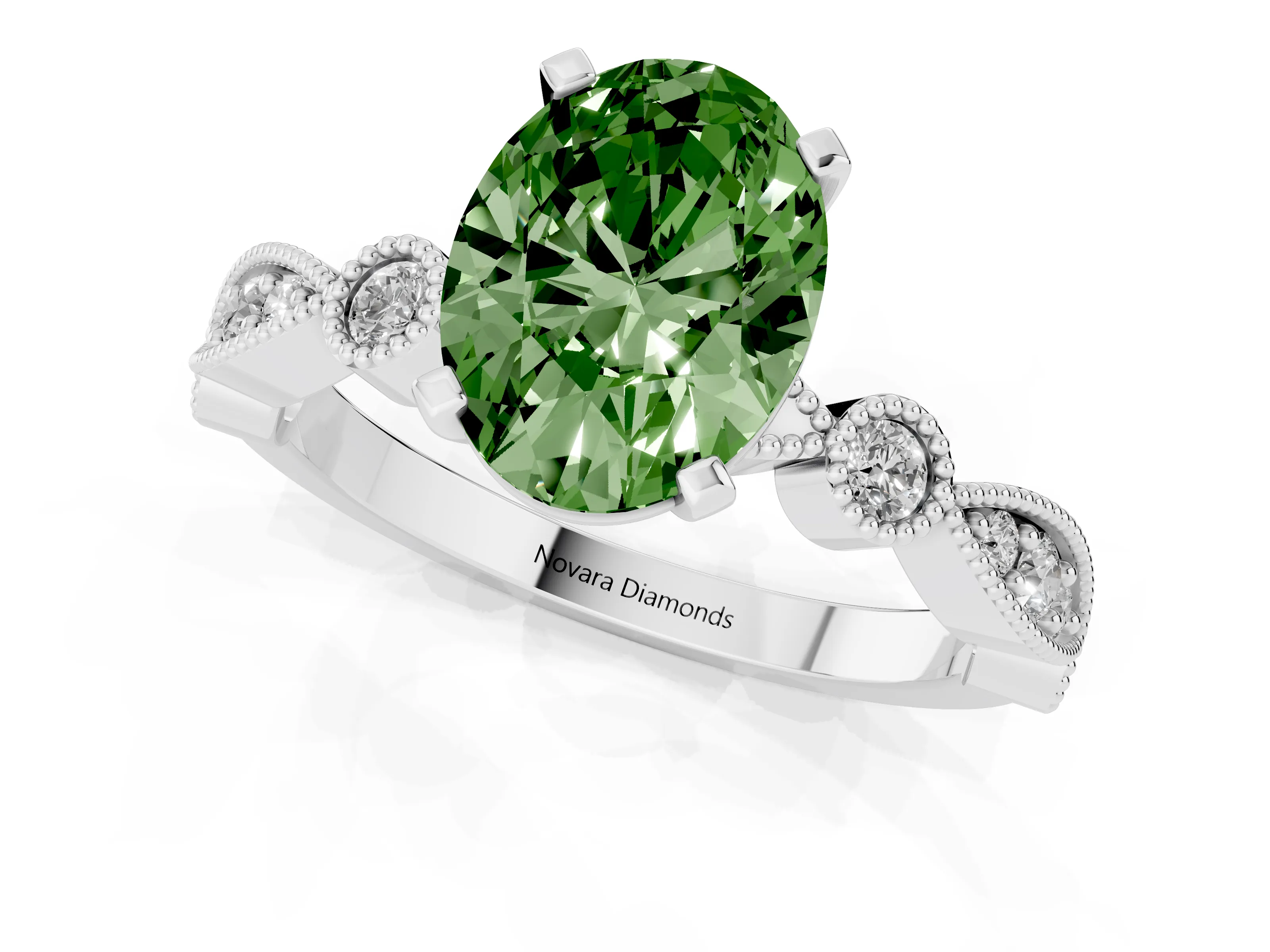 Fancy Green Oval Cut Diamond Solitaire Engagement Ring Set in Silver with Milgrain Bezel Accent Band – second view