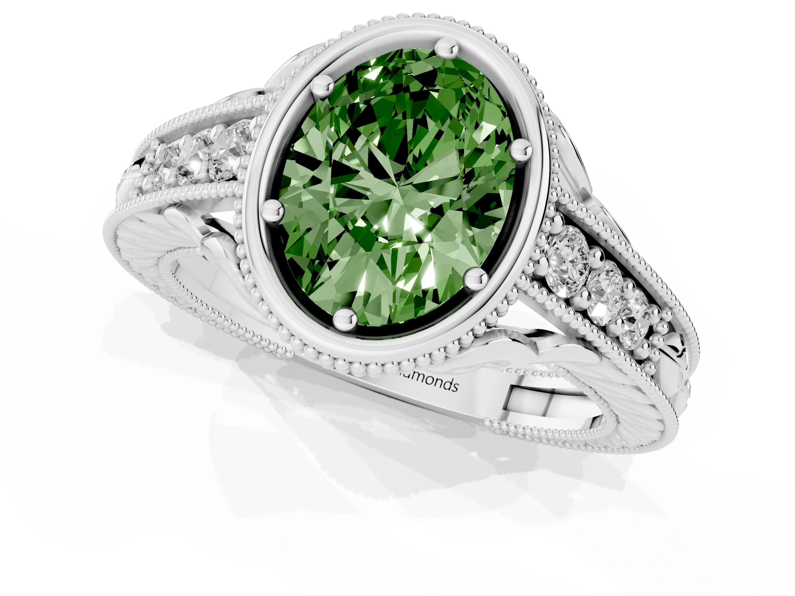 Fancy Green Bezel Set Oval Cut Diamond Milgrain Pavé Engagement Ring Set in Silver